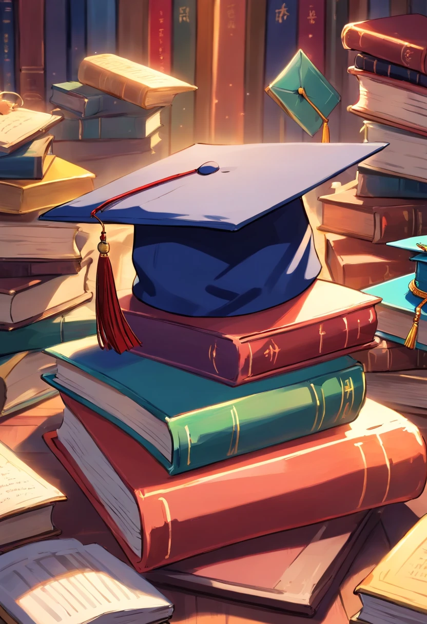 A close-up image showcasing a graduation cap placed on top of a pile of books, symbolizing the culmination of education and the acquisition of knowledge, representing the concept of lifelong learning