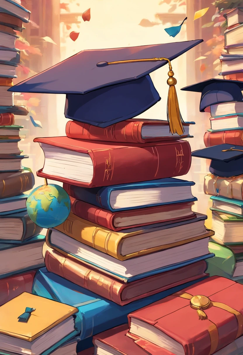 A close-up image showcasing a graduation cap placed on top of a pile of books, symbolizing the culmination of education and the acquisition of knowledge, representing the concept of lifelong learning