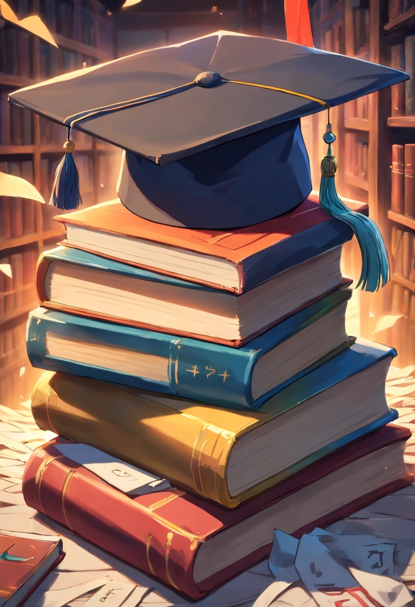 A close-up image showcasing a graduation cap placed on top of a pile of books, symbolizing the culmination of education and the acquisition of knowledge, representing the concept of lifelong learning