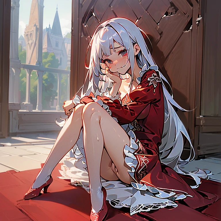 Ultra high precision、high resolution、(Naked girl sitting with her legs thrown out on the floor, looking at the floor:1.4)、Pretty face、silver hair、pubic hair is growing、 ((While crying))、smaller breasts、empty eyes ((white mucus dripping from genitals))..、In the ruins、(Burgundy long-sleeved dress with ruffles and lace decoration:1.4)、(red flat pumps:1.3)、
