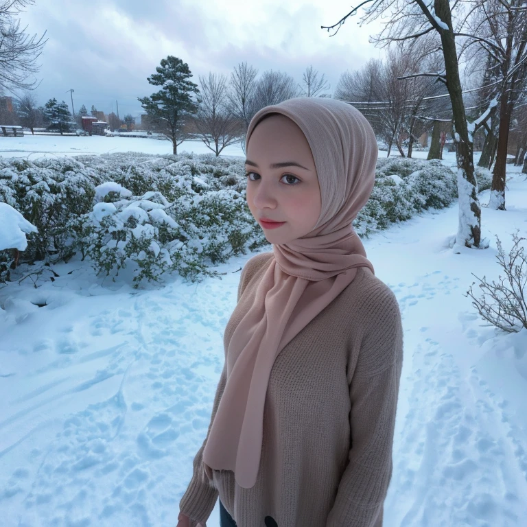 winter, landscape, snow, cold, trembling, snot, breath, outdoors, 1girl, solo, hijab, tifa lockhart, highres, absurdres,