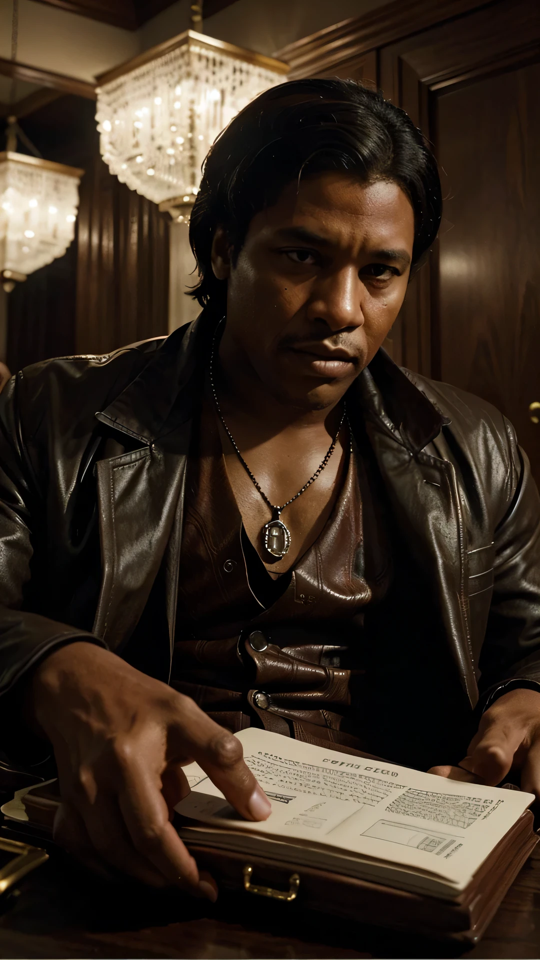 Generate a compelling and historically accurate image of Frank Lucas, the infamous American drug lord, during the 1970s. Envision Lucas in a setting that reflects the era, perhaps in a stylish and opulent environment symbolizing his rise in the drug trade. Pay attention to details such as his attire, demeanor, and surroundings that convey the confidence and charisma for which he was known. Incorporate elements that allude to his involvement in the drug trade, such as stacks of money, narcotics, or a discreet setting indicative of illicit activities. Craft an image that captures the enigmatic and complex persona of Frank Lucas during the height of his criminal empire.