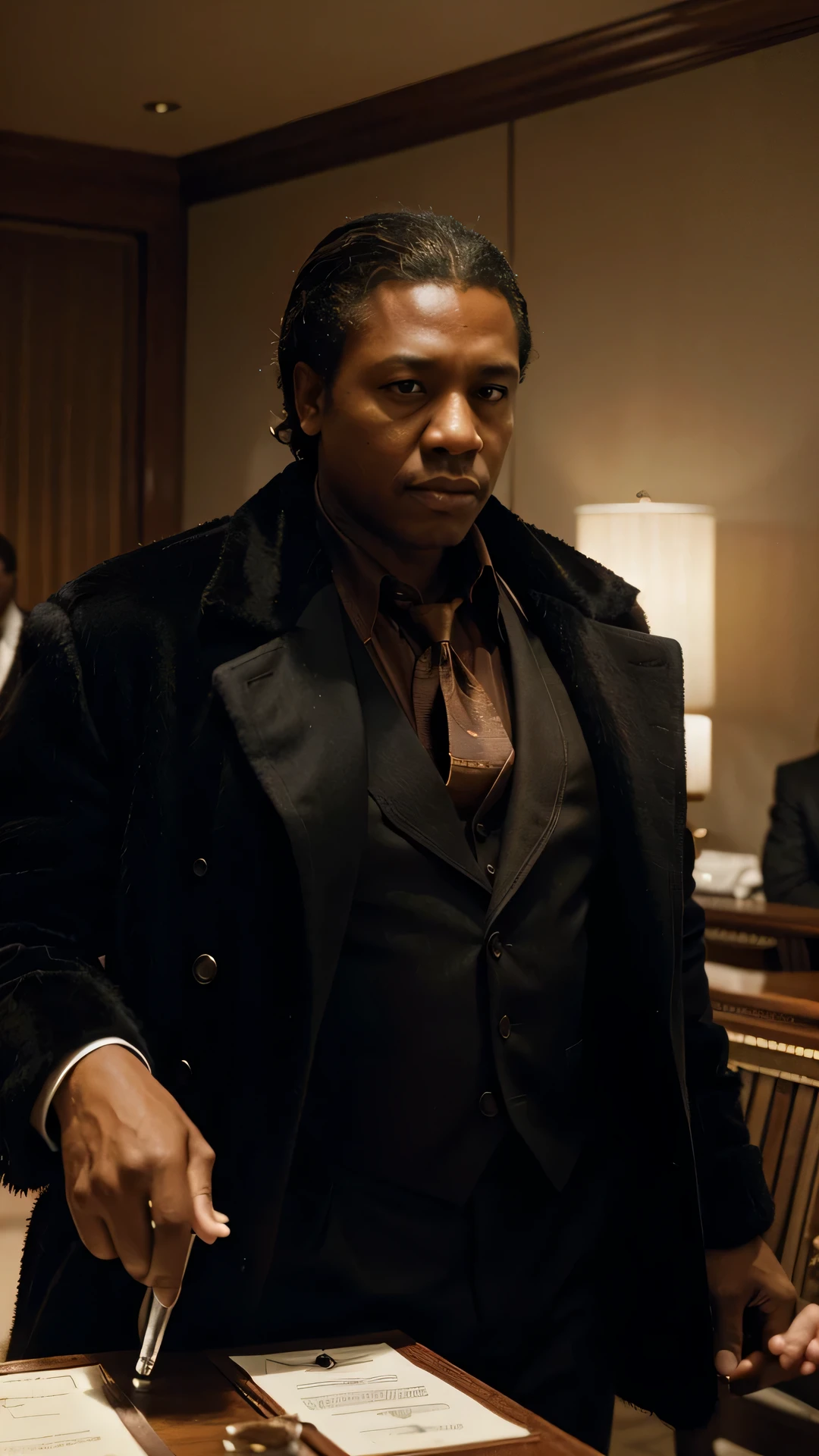 Generate a compelling and historically accurate image of Frank Lucas, the infamous American drug lord, during the 1970s. Envision Lucas in a setting that reflects the era, perhaps in a stylish and opulent environment symbolizing his rise in the drug trade. Pay attention to details such as his attire, demeanor, and surroundings that convey the confidence and charisma for which he was known. Incorporate elements that allude to his involvement in the drug trade, such as stacks of money, narcotics, or a discreet setting indicative of illicit activities. Craft an image that captures the enigmatic and complex persona of Frank Lucas during the height of his criminal empire.