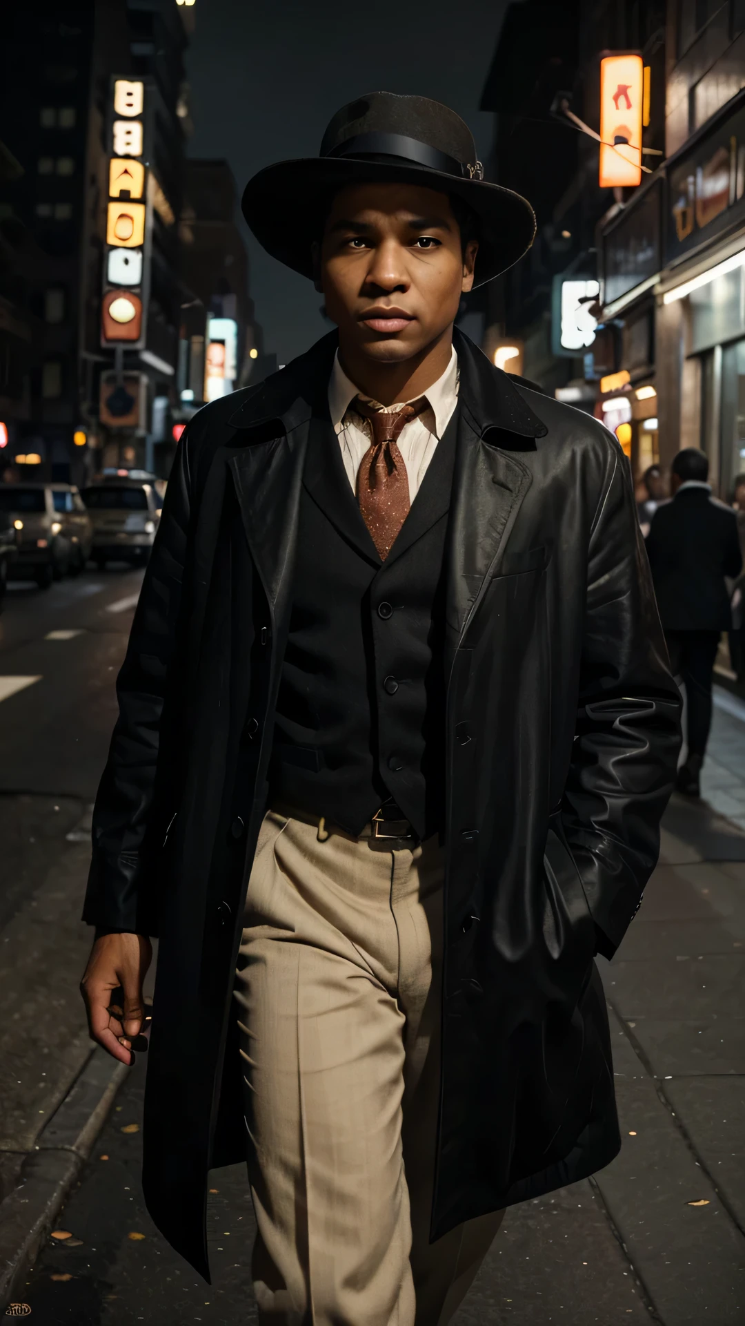 Generate a historically inspired image of a 16-year-old Frank Lucas navigating the streets of New York in the 1940s or 1950s, surrounded by the atmospheric presence of gangsters and the urban landscape. Envision Lucas in attire representative of the era, exuding the confidence and edge characteristic of street life. Place him in a setting that captures the essence of the city's streets, with vintage cars, dimly lit alleys, and signs of a bustling urban environment. Pay attention to details such as clothing styles, architectural elements, and the faces of other characters that convey the aura of the time and the influence of the surrounding gangster culture. Craft an image that transports viewers to a defining moment in the early life of Frank Lucas amidst the streets and gangster milieu of New York.