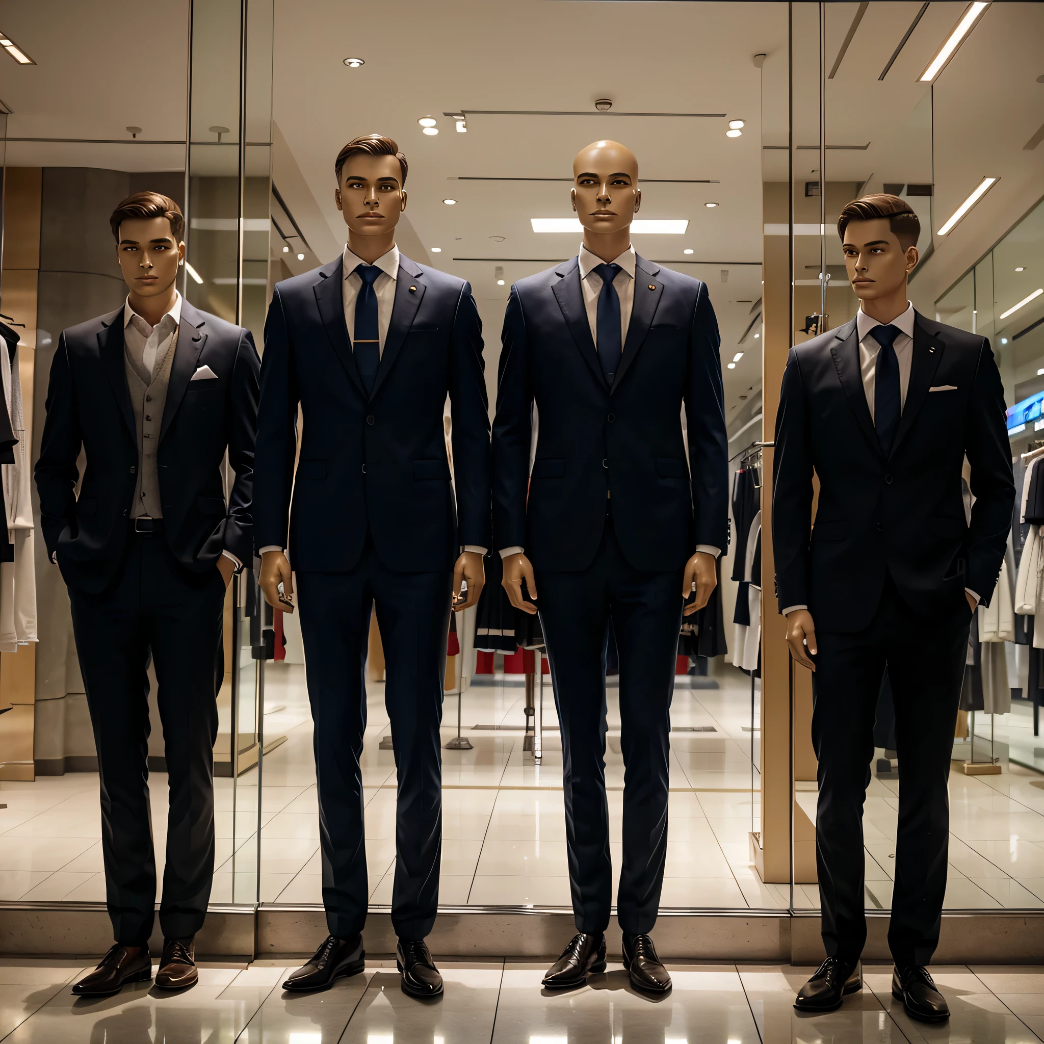 front view aligned with photo of businesspeople clothes in shopping mall window with( manequins artificial ) com luz atras,8k