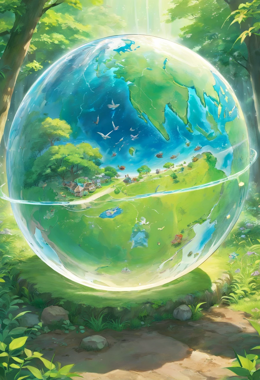 A high-resolution image showcasing a detailed and realistic representation of a clear, transparent globe placed on the ground, symbolizing the importance of environmental transparency and sustainability on Earth Day