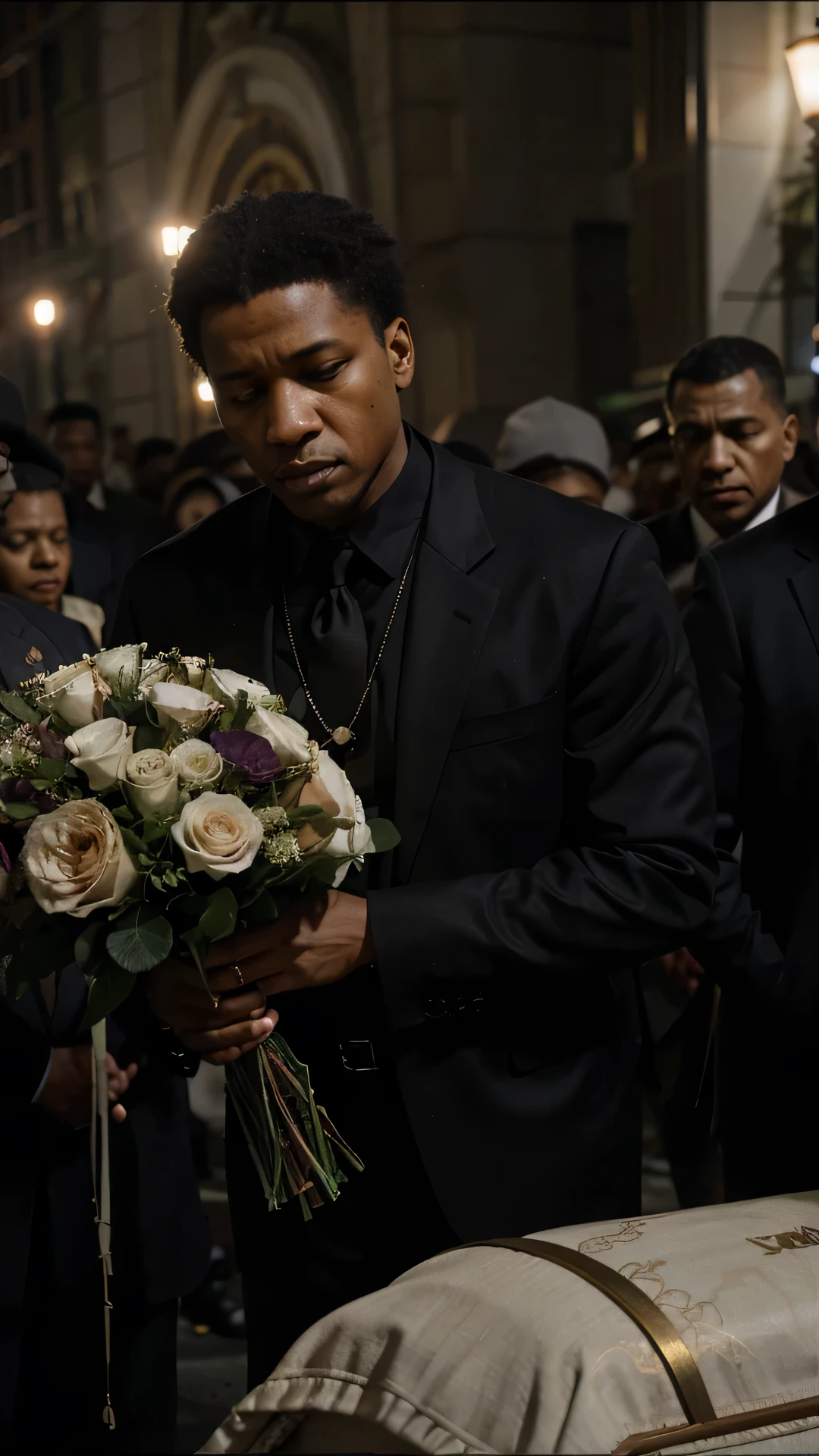 Generate a poignant image of Frank Lucas attending the funeral of Ellsworth 'Bumpy' Johnson, the notorious Harlem gangster. Envision Lucas in a setting that captures the solemnity and gravity of a funeral ceremony, surrounded by mourners, floral arrangements, and the iconic streets of Harlem. Pay attention to the attire, expressions, and body language of those present, reflecting the complex dynamics within the criminal underworld. Incorporate elements that convey both respect and the underlying tensions among the attendees. Consider using muted colors to evoke the somber atmosphere of the occasion. Craft an image that immerses viewers in the funeral scene, capturing the emotions and complexities of this pivotal moment in the history of Harlem's criminal landscape.