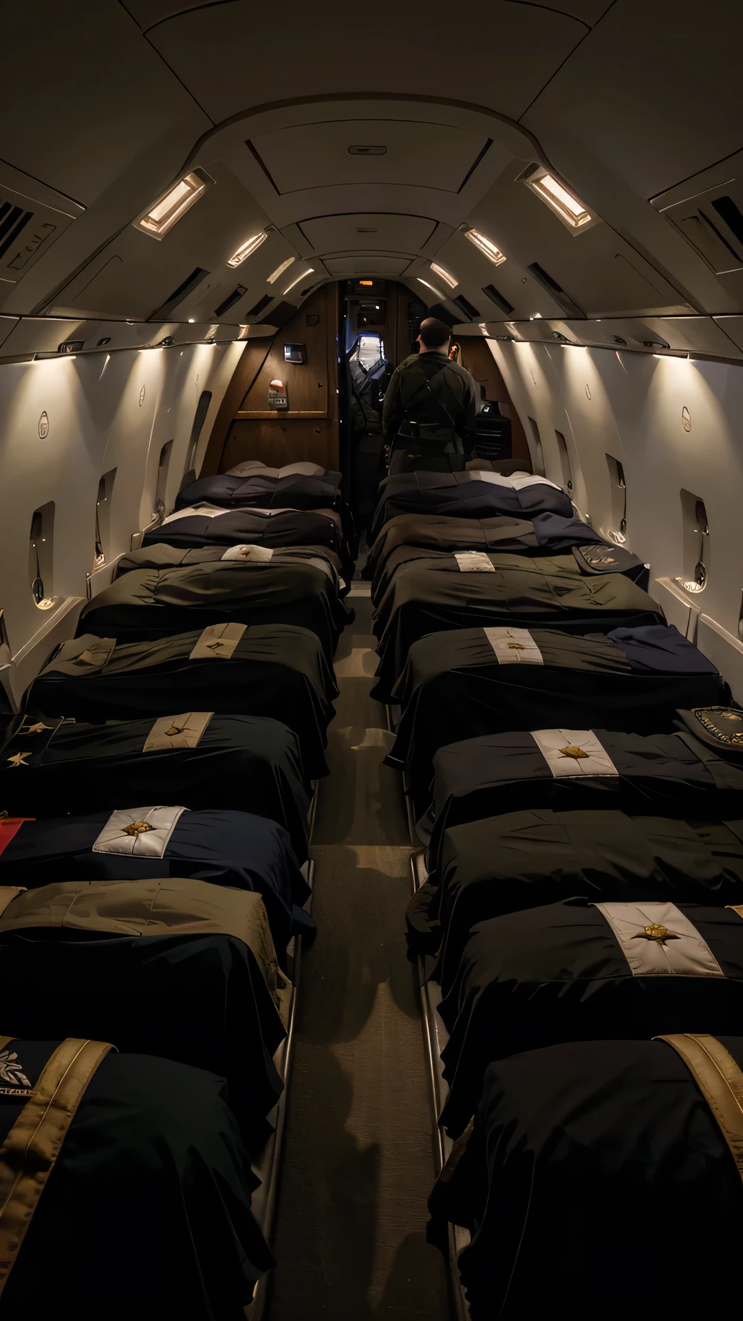 Generate a powerful and somber image depicting coffins arranged in the cargo hold of a military plane. Envision the scene with precision and reverence, capturing the solemnity of transporting fallen soldiers. Pay attention to details such as the rows of flag-draped coffins, military insignia, and the ambient lighting within the plane's cargo hold. Consider incorporating subtle elements that convey the weight of the moment, such as military uniforms, respectful pallbearers, or symbols of honor. Use subdued colors to evoke the gravity and respect associated with this solemn military procession. Craft an image that respectfully portrays the somber reality of fallen heroes being transported home.