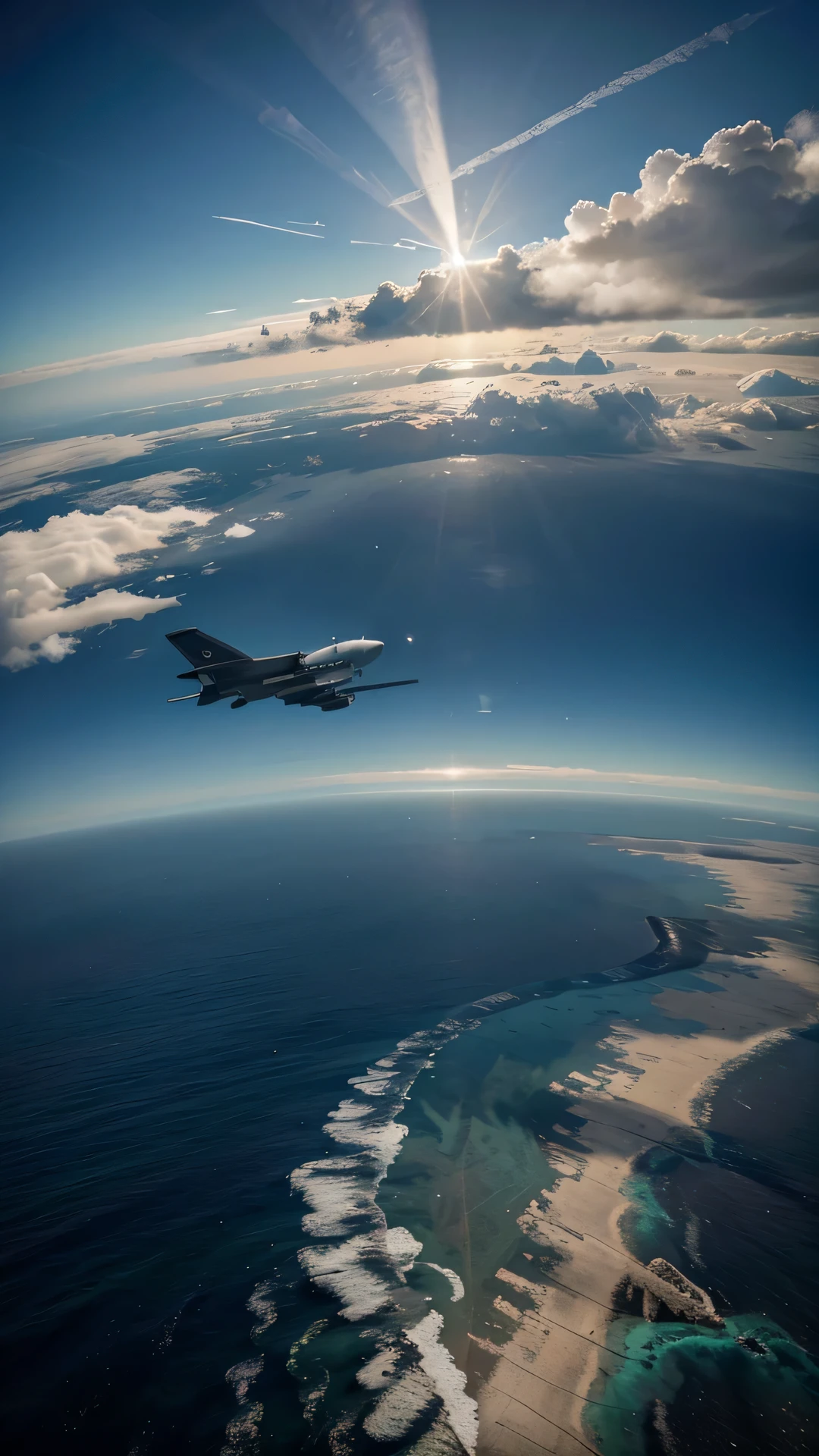 Generate a compelling image of a military plane soaring above the vast expanse of the ocean. Envision the aircraft flying at a high altitude, with the ocean stretching out below. Capture the details of the plane, including its silhouette, wingspan, and any distinctive markings or insignia. Pay attention to the play of light on the ocean's surface, reflecting the time of day, weather conditions, and the altitude of the plane. Consider adding subtle elements such as cloud formations, distant islands, or other aircraft to enhance the dynamic nature of the scene. Craft an image that evokes the power, scale, and solitude of a military plane navigating the open ocean.