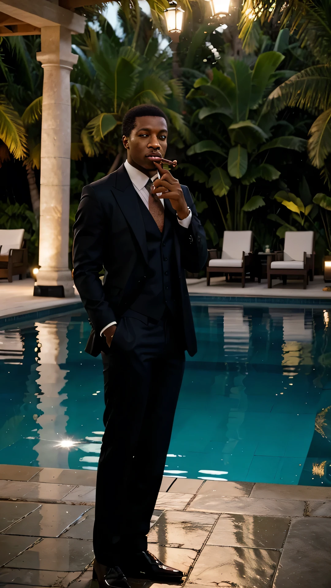 Generate a stylish and atmospheric image of Frank Lucas enjoying a cigar near a luxurious pool. Envision Lucas in sophisticated attire, exuding confidence and charm. Place him in a setting that reflects opulence, with a high-end pool surrounded by elegant furnishings and lush greenery. Pay attention to the details of his demeanor, capturing the allure of his personality. Include elements such as a well-lit cigar, reflections on the pool's water surface, and the ambient lighting that enhances the overall atmosphere. Craft an image that conveys the sophistication and magnetism of Frank Lucas in a moment of leisure and contemplation by the luxury pool.