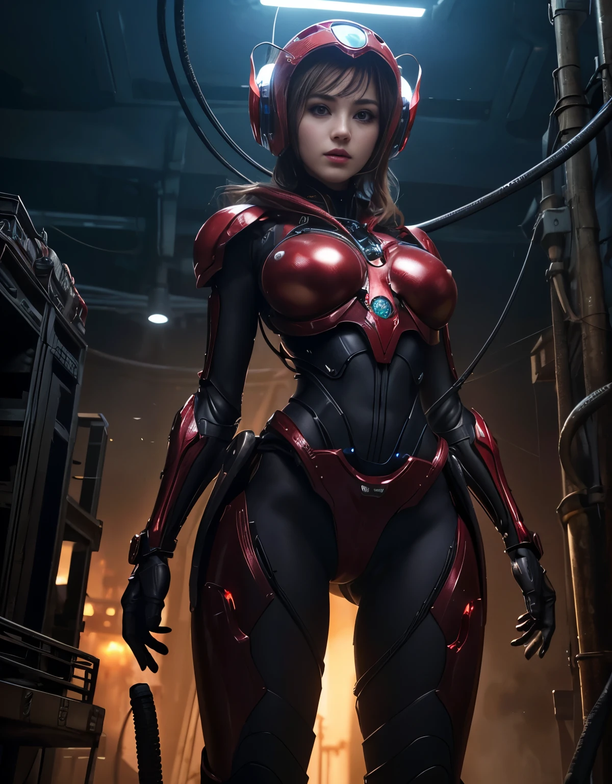 (Background of skimpy mechanical girl and octopus alien)、（Mystical expression）、highest quality、masterpiece、Super high resolution、(Photoreal:1.4)、RAW photo、1 girl、glowing skin、(((1 Mechanical Girl)))、Heavy chest、（red metalボディスーツ）、(Natural alien background to fight aliens)、(Small LED)、((Super realistic details))、vertical giant monster background),global illumination、Shadow、octane rendering、8K、super sharp、robotの背景、big breasts、Raw skin exposed in the cleavage、red metal、intricate decorative details、Japan details、very intricate details、realistic light、(Mystical expression),CG Society Trenlow Eyes、Eyes shining towards the camera、Mechanical marginal blood vessels connected to neon detail tubes)、(Wires and cables connecting to the head)、Small LED、,mechanical thighs、two stock、（Hands are also made of machines）、robot、future alien、Please wear a mechanical helmet、transparent face guard on helmet、