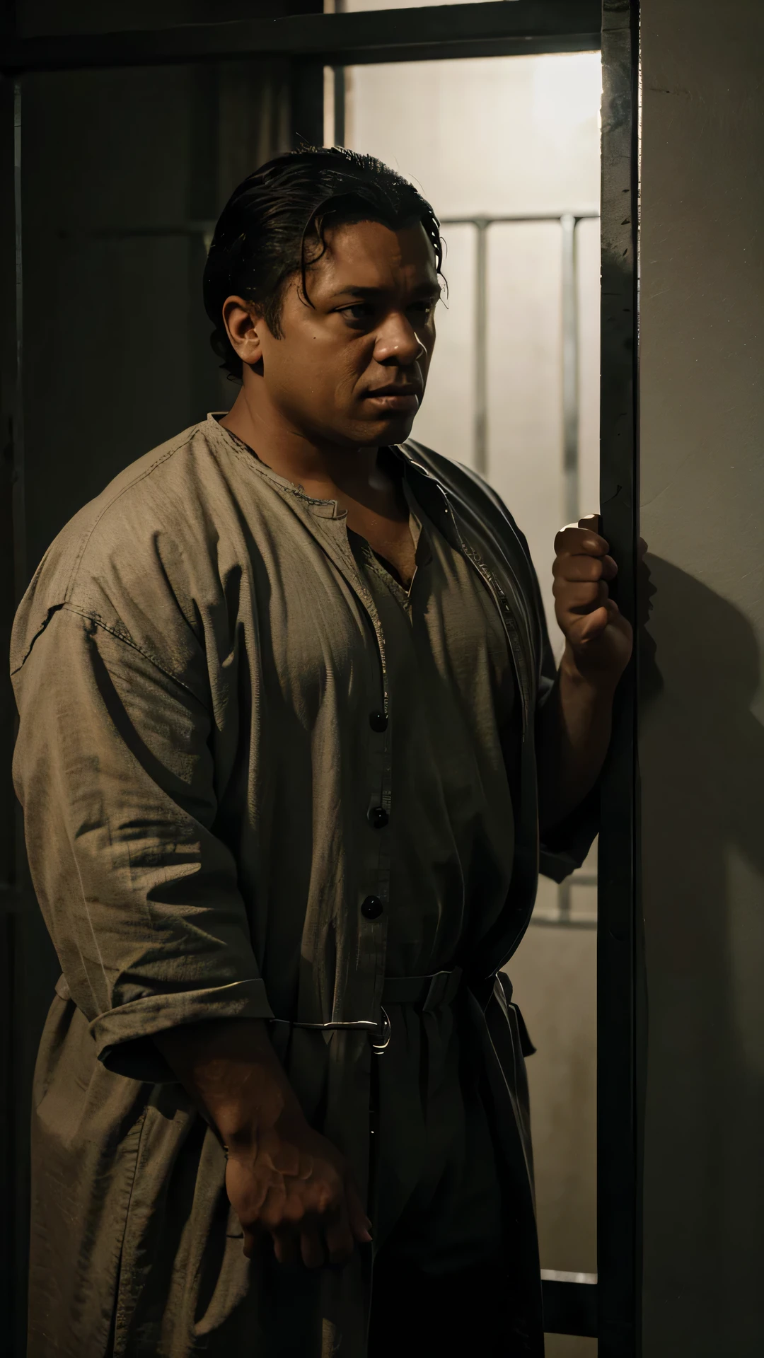 Generate a poignant image of Frank Lucas in a jail cell during his incarceration. Envision Lucas in prison attire, captured in a somber and confined environment. Pay attention to the details of the cell, such as iron bars, limited furnishings, and subdued lighting. Capture the expression on Lucas' face, conveying the weight of his situation and the contemplation of past actions. Consider adding elements that symbolize imprisonment, such as bars casting shadows or a restricted view through the cell window. Use a muted color palette to evoke the stark reality of incarceration. Craft an image that authentically portrays the challenges and reflections faced by Frank Lucas during his time in jail.