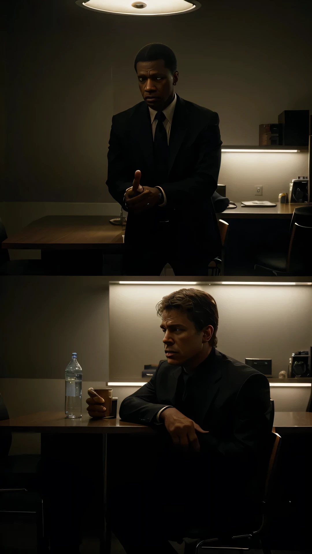 Generate a tense and dramatic image of Frank Lucas engaged in conversation with law enforcement officers. Envision Lucas in a dimly lit room, perhaps a police interrogation or investigation setting. Capture the intensity of the exchange through the expressions, body language, and details of the scene. Include elements such as a table, chairs, and subtle indicators of the investigative environment. Pay attention to the emotions conveyed by both Lucas and the law enforcement officers, hinting at the complexities and conflicts within the interaction. Use shadows and lighting to enhance the atmosphere of tension and intrigue. Craft an image that immerses viewers in the high-stakes conversation between Frank Lucas and the authorities.