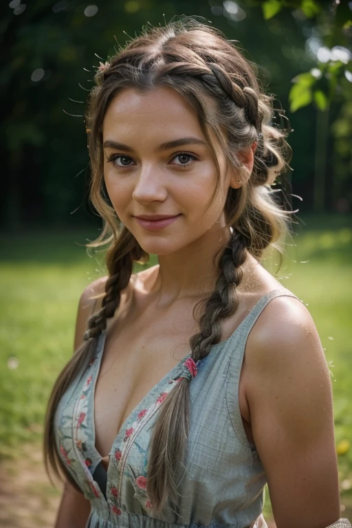 candid photo of a gorgeous cute German woman, smiling, , Steel gray hair loose braided hair, wearing a floral sun dress, (full body) perfectly symmetrical face, detailed skin, vivid colors, HDR, hard shadows, art photography, soft focus, masterpiece, breathtaking, atmospheric perspective, diffusion, pore correlation, skin imperfections, Porta 160 color, shot on ARRI ALEXA 65, bokeh, sharp focus on subject
