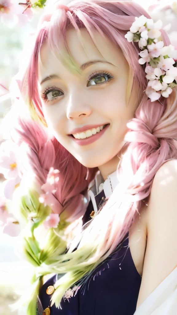 anime girl with pink hair and long pink hair posing for a picture, smiling!! fantasy, [[[[grinning evily]]]], coronation of the flower prince, the flower prince, he is smiling, smileing nright, smiling sweetly, serene smile, smiling as a queen of fairies, coy smile, grinning lasciviously