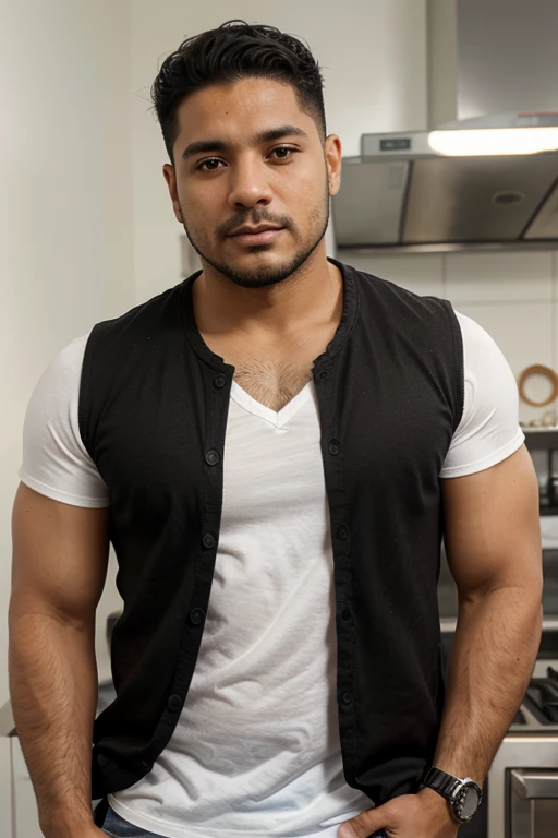 A 32-year-old Latino man, dedicado a la industria nutricional, con vestimenta casual, piel caucasica, cabello negro, ojos marrones con barba