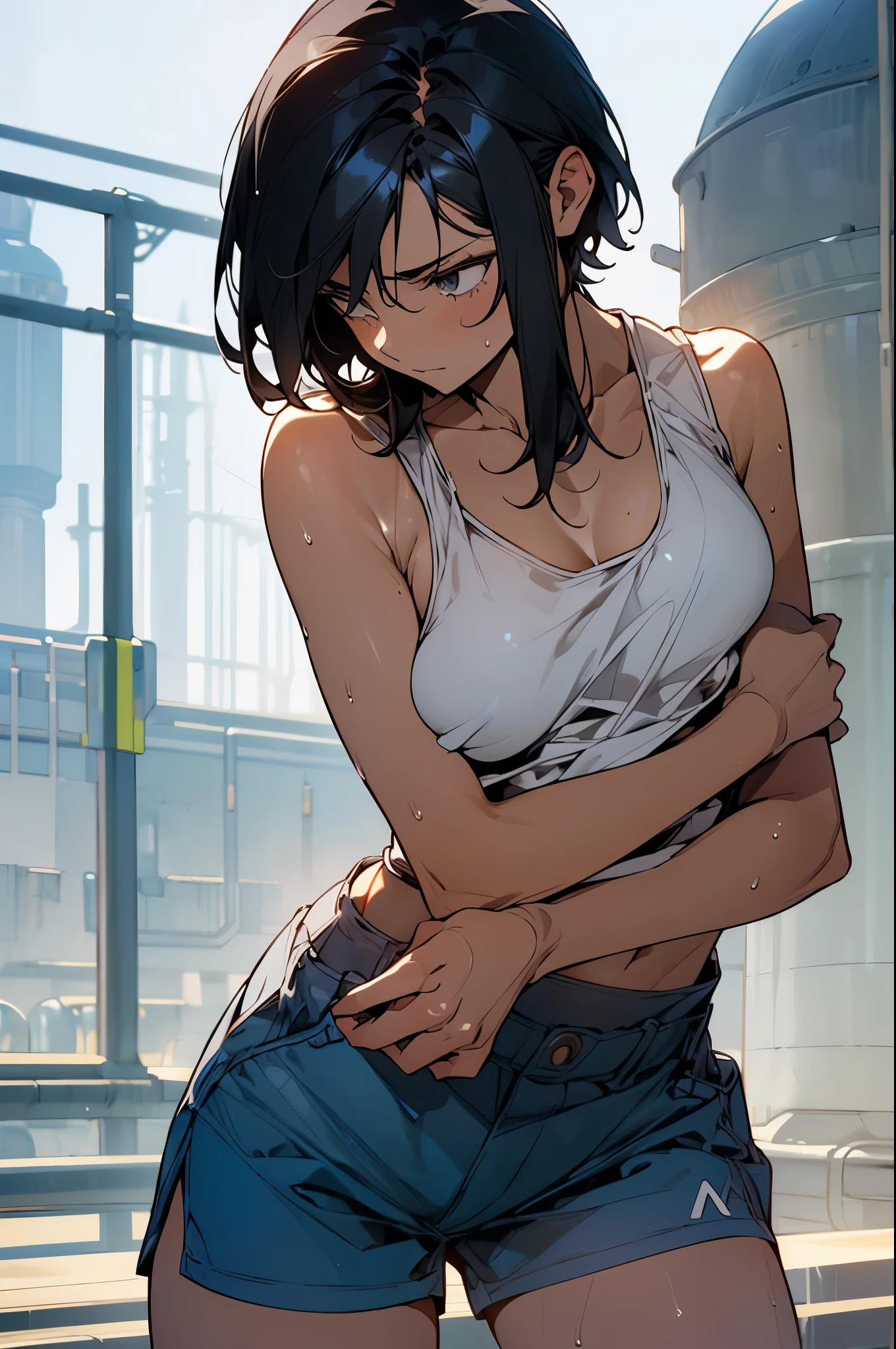 transparent,invisible person,no body,1girl, white crop top, blue jeans, black boots, full body, ((wetting self, pee stains, yellow puddle)) hands on hips, looking at viewer, rape face