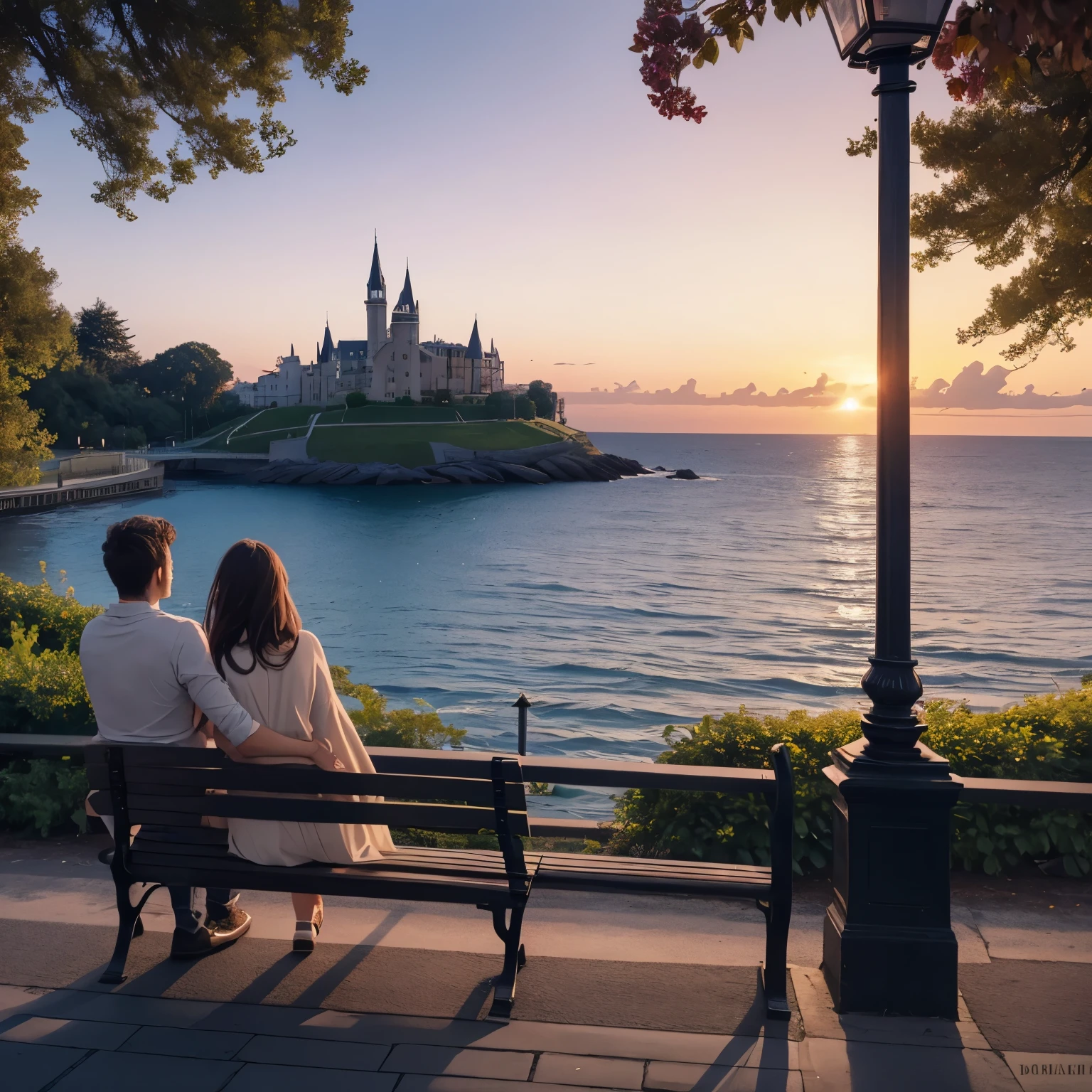 view = sitting in an bench next to your romantic girlfriend, she is young and cute, she loves you, she is beautiful because her love, environment = beautiful nature, late evening, last of sunset,  we are in a park on an bench, the street lights makes it even more romantic there are friendly people on the street, they are happy, pure peace and love, your look is on her eyes, het cute smile, everything is beautiful… the bench is at an nice spot, you can see the sea, some ships, an castle on an island, ant the town on the side