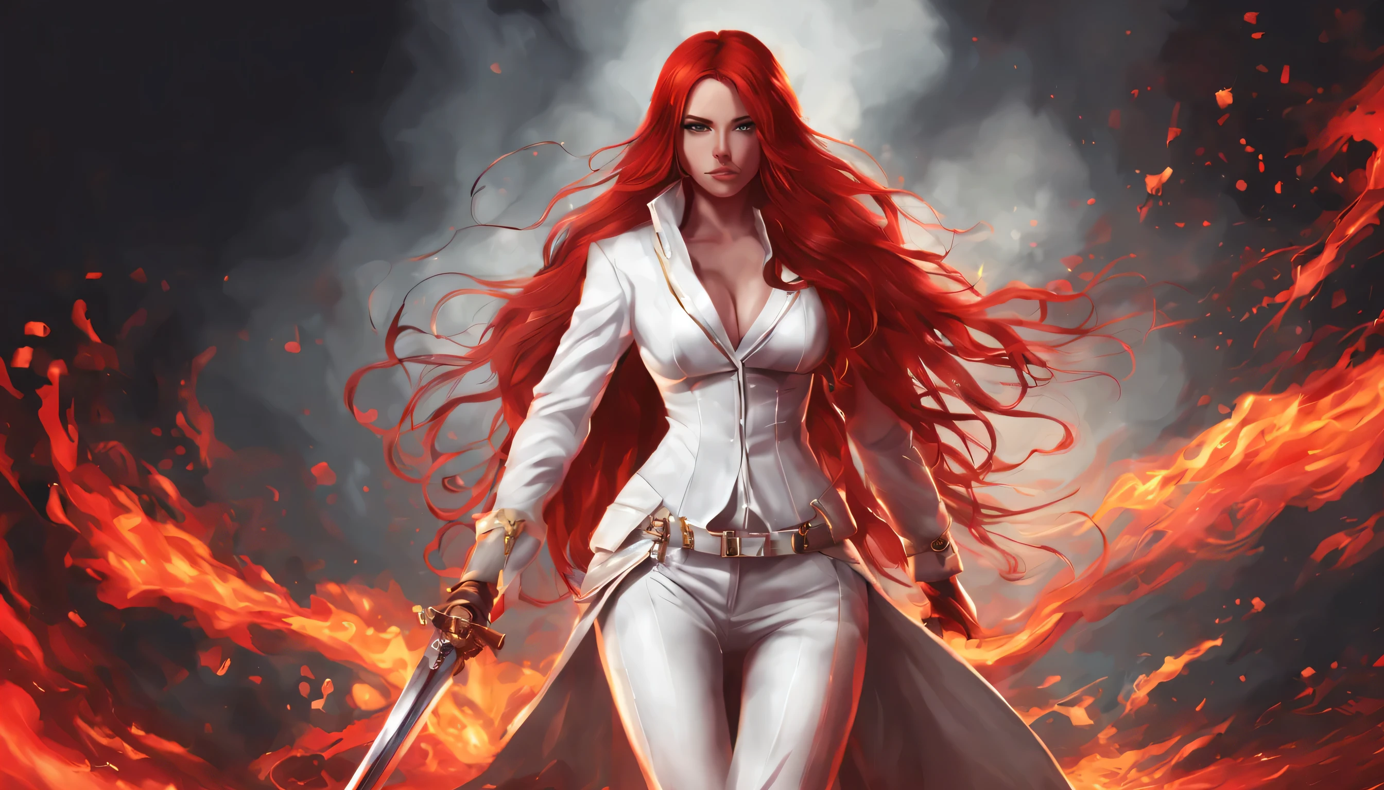 dark princess long red hair, white Brazilian, white suit, and a sword, full body, red background, fire scene
