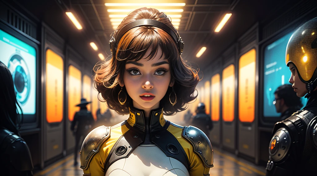a close up of a woman in a yellow outfit standing in front of a group of people, 1970’s science fiction art, pixiv front-page, inspired by Didier Mouron, barbarella, hyper maximalist, orange hue, the style of wlop, heavy metal album cover, female protagonist  