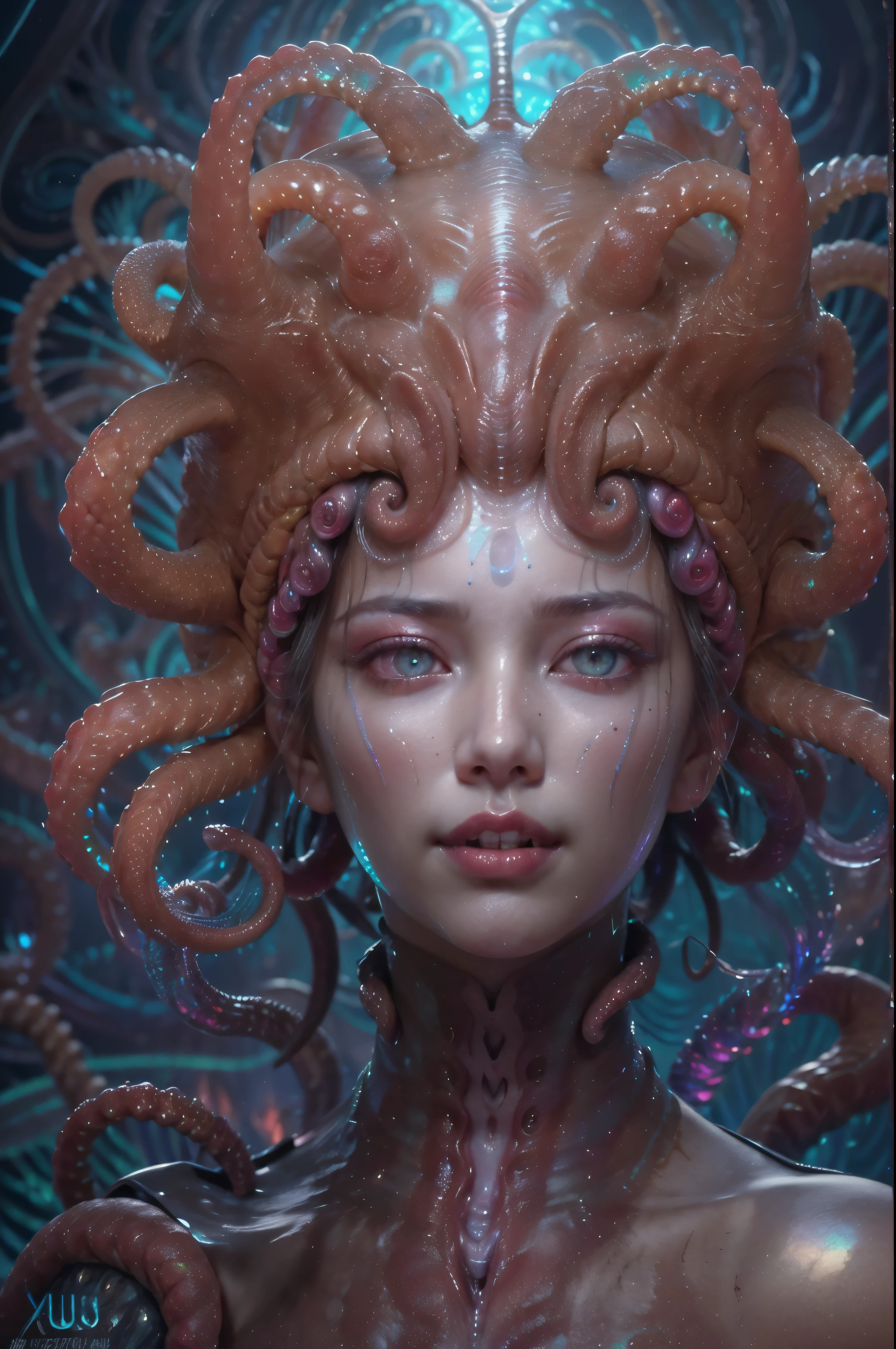 (1 beautiful and obscene female alien:1.4), (There is a female genital-like organ in the middle of her forehead:1.95), SHe has medusa-like hair, (there are lots of translucent tentacles from her head like her hair:1.8), (vulgarity1.7), (she is looking at viewers with glowing red eyes with no pupils:1.8), (She has translucent pale skin:1.7),(She has the most beautiful face in the history of the universe:1.2), (She has multiple bioluminescent organs on the side of her tentacles:1.4), (Her body is covered with an iridescent exoskeleton:1.6), (She is showing her arm pits:1.4), an evil gaze that seduces, (large mouth:1.1), (sharp teeth like a vampire:1.2), Full body portrait, (bio luminescent:1.5), (Smile wickedly:1.3), (sexypose:1.5), alien, No humans, cells are fused, extraterrestrial, cell, bio image, masterpiece, ultra high resolution, (photos realistic:1.7), scary and sexy detailed art in color, best quality, 8K,In 4K_quality, High freshness, Dramatic Lighting, cinematic quality, (exquisite details:1.2), High freshness, drawing faithfully, (Thick eyebrows:1.2), Beautiful eyes with fine symmetry,(Highly detailed face and eyes:1.2),(Super detailed skin quality feeling:1.4), perfect anatomy, (Beautiful toned body:1.5), (Moist skin:1.2), not wearing makeup, (dark circles:1.1), long canines, cinematic drawing of characters, cinematic quality, (exquisite details:1.2), high resolution, High freshness, drawing faithfully, official art, Unity 8K Wall paper, ultra detailed artistic photography, midnight aura, unreal engine 5, Ultra Sharp Focus, art by Amano Yoshitaka, ArtGerm, Roisch, intricate artwork,ultra realistic realism, dream-like, Creation of fantasy, dream Snail, (biopunk nautilus:1.3),Thrilling color schemes, seductively smiling, Amazing mutation, well-proportioned body, goddess of the deep sea, fractal, Geometric pattern, impossible figures,(asymmetry:1.4), (white tentacles with blue stripes:1.4), subtle emerald green accents, (expression of ecstasy:1.6)