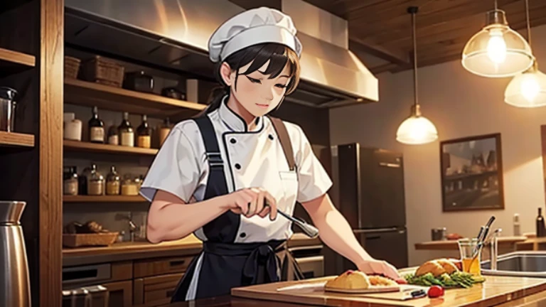 personaje animado, A confident, curvy woman with a captivating smile, mostrando su voluptuosa figura y una cintura bien definida, culata, vista trasera, en una encantadora escena de cocina, where she exudes the role of a skilled and stylish housewife, wearing a beautifully designed apron, Preparando perfectamente una deliciosa cena para impresionar a todos.