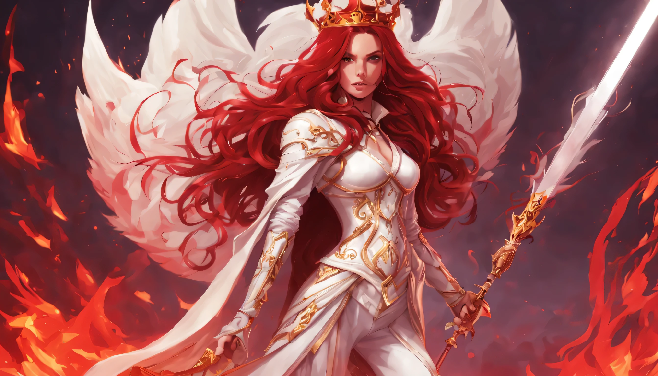 MaleniaDef, red hair, armor, cape, brown dress, MaleniaRot, wings, coverd eyes, scar, butterfly, bug prothestic leg, single mechanical arm, prosthesis