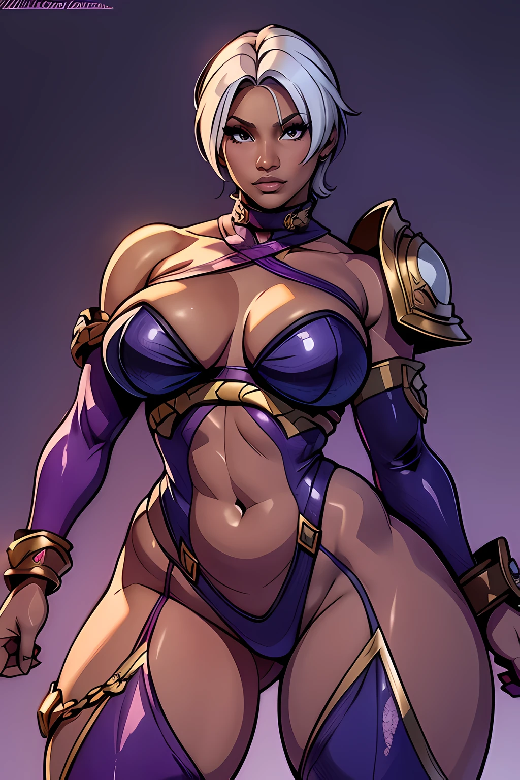 Nicki Minaj cosplaying as (Ivy from Soul Calibur), ((dark skin)), curly hair, looking at viewer, busty figure, (thick thighs) (medium breasts) well-defined legs, (chubby physique), frontal, full-length, looking at the camera, facing the audience, dynamic pose, background, three-dimensional light, sleek digital concept art, beautiful concept art, art trend, CGsociety full-length,