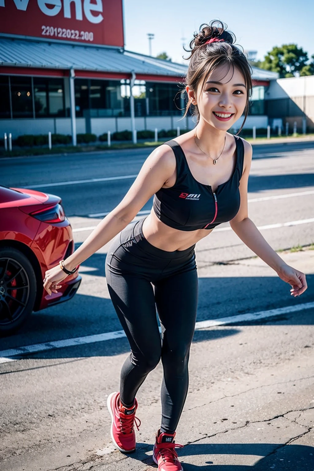 (8k, RAW photo, best quality, masterpiece:1.2), (realistic, photo-realistic:1.37), a sexy race queen costume, race track, smile, dynamic pose ,medium breast, racing model , (full body:1.3),