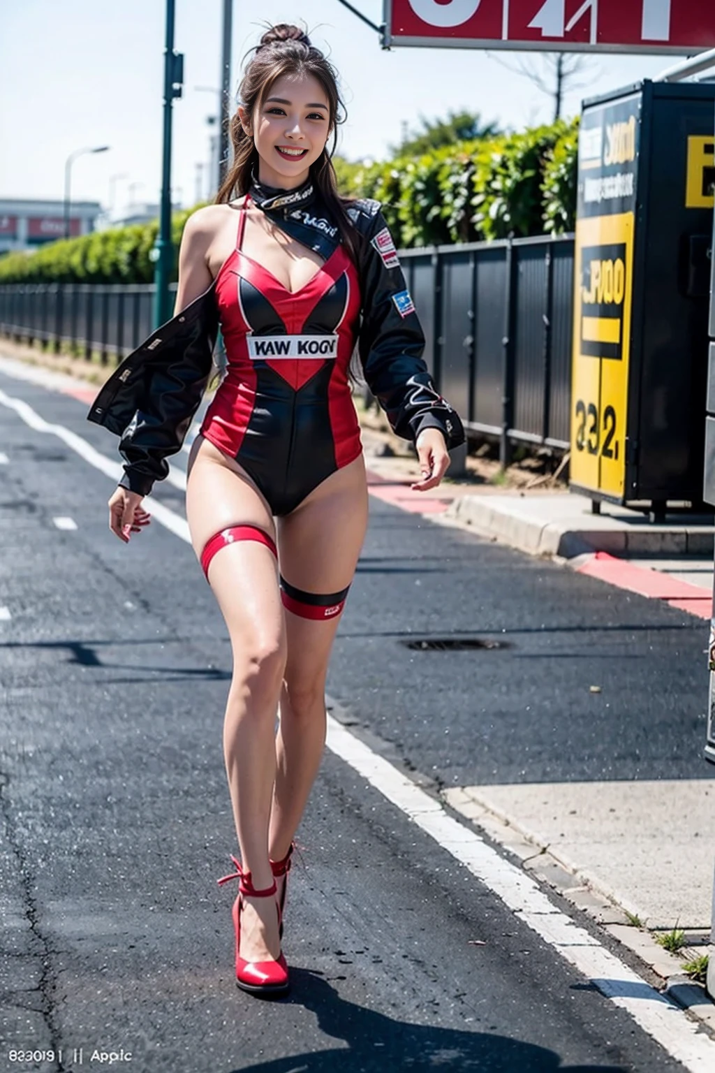 (8k, RAW photo, best quality, masterpiece:1.2), (realistic, photo-realistic:1.37), a sexy race queen costume, race track, smile, dynamic pose ,medium breast, racing model , (full body:1.3),