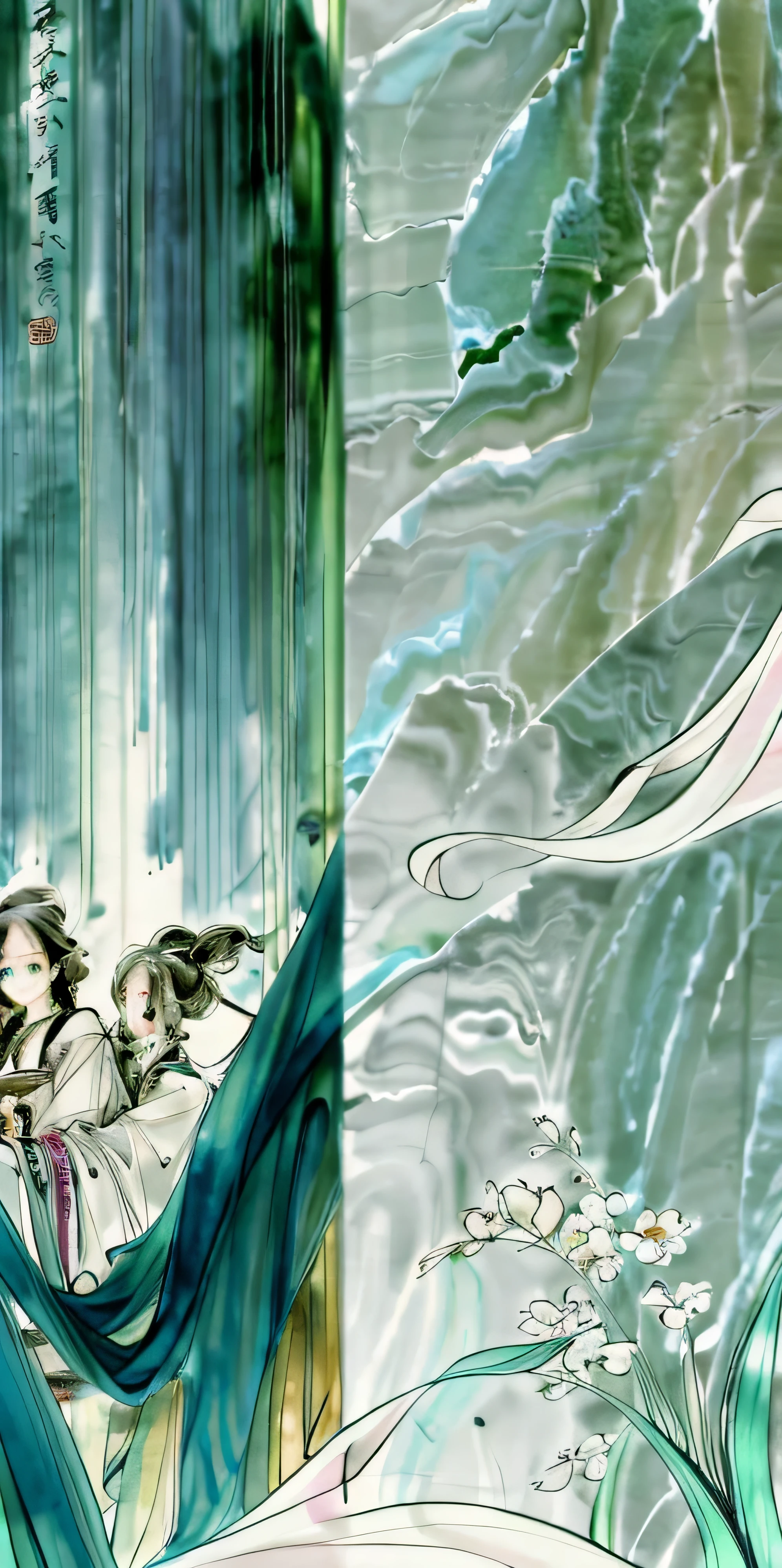 there is a bench in front of a wall with a painting on it, marble walls, ultrafine detailed painting, marbling effect, colored marble, carved marble texture silk cloth, marbling, intricate flowing paint, an ultrafine detailed painting, mirror and glass surfaces, detailed soft painting, heavenly marble, flowing aqua silk, ethereal opalescent mist