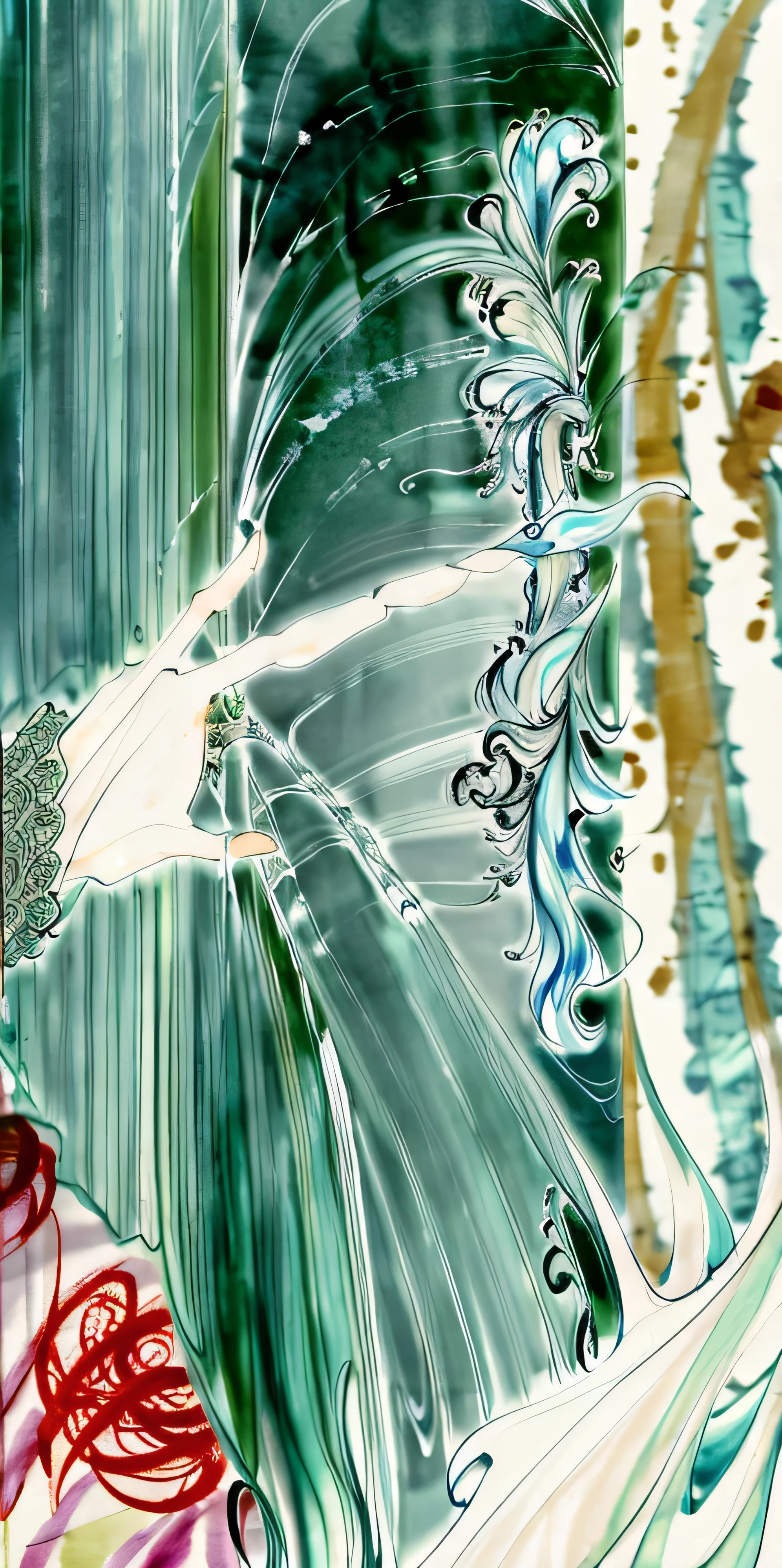 there is a bench in front of a wall with a painting on it, marble walls, ultrafine detailed painting, marbling effect, colored marble, carved marble texture silk cloth, marbling, intricate flowing paint, an ultrafine detailed painting, mirror and glass surfaces, detailed soft painting, heavenly marble, flowing aqua silk, ethereal opalescent mist