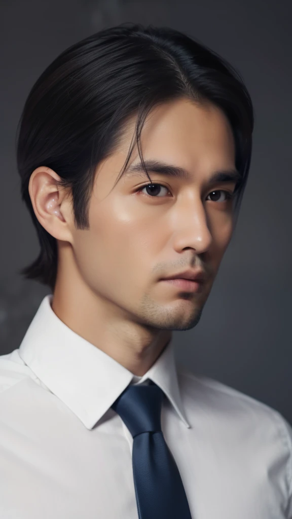 (the Extremely Detailed CG Unity 8K Wallpapers,masutepiece, Best Quality, Ultra-detailed), Gray background, 35-year-old male living in Japan, 35 year old male city hall employee, Sporty hairstyle, A dark-haired, narrow facial contours, tthin eyebrows, Sharp eyes, high and thin nose, thin lipss, Physical slim, Shirt and tie, Strong impression