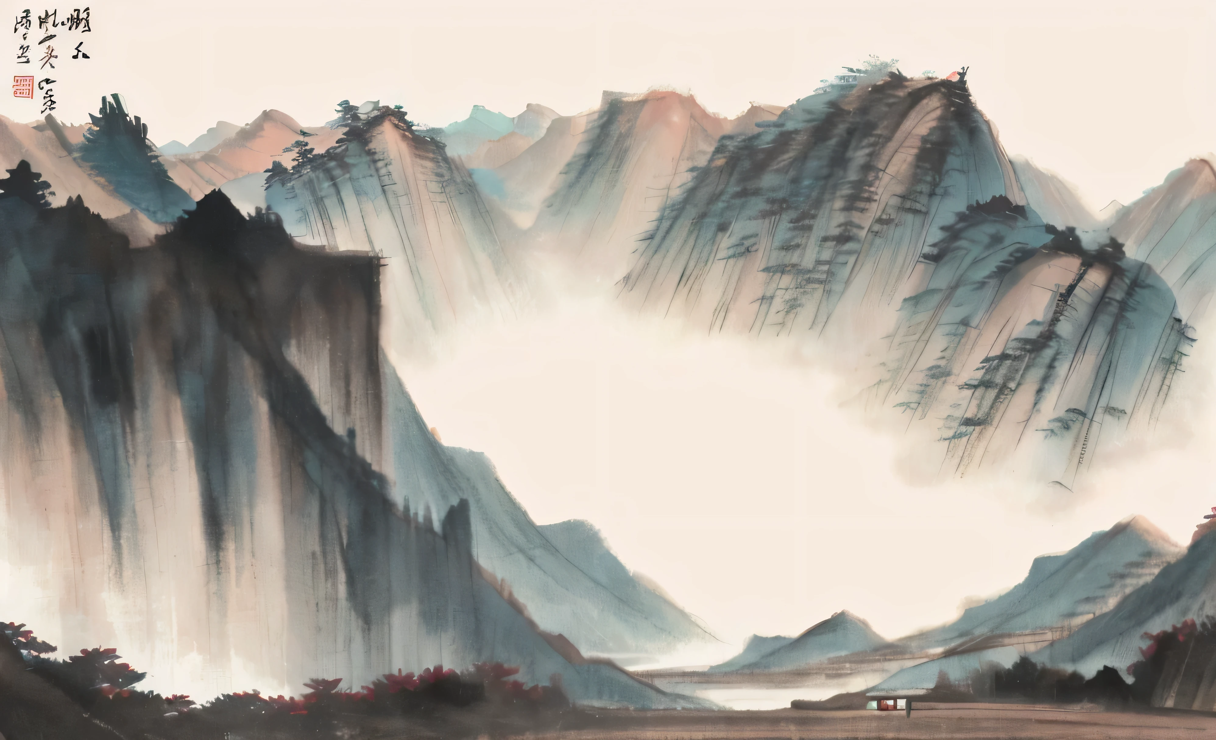 arafed view of a mountain with a flock of birds flying over it, chinese painting style, chinese landscape, traditional chinese ink painting, traditional chinese painting, chinese style painting, inspired by Zhang Shunzi, traditional chinese art, chinese painting, chinese ink painting, ancient china art style, inspired by Dong Qichang, inspired by Wang Yuanqi