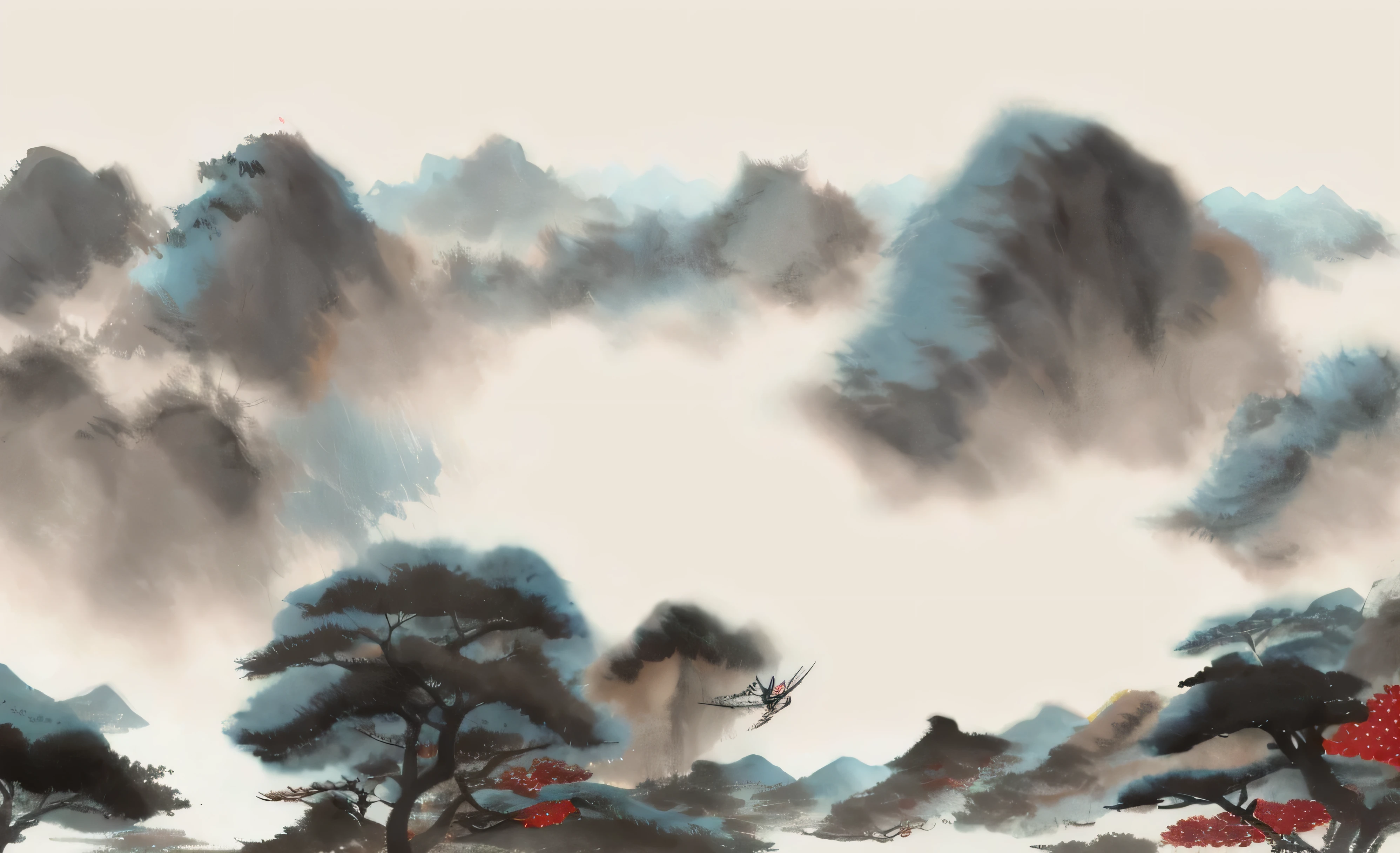 arafed view of a mountain with a flock of birds flying over it, chinese painting style, chinese landscape, traditional chinese ink painting, traditional chinese painting, chinese style painting, inspired by Zhang Shunzi, traditional chinese art, chinese painting, chinese ink painting, ancient china art style, inspired by Dong Qichang, inspired by Wang Yuanqi