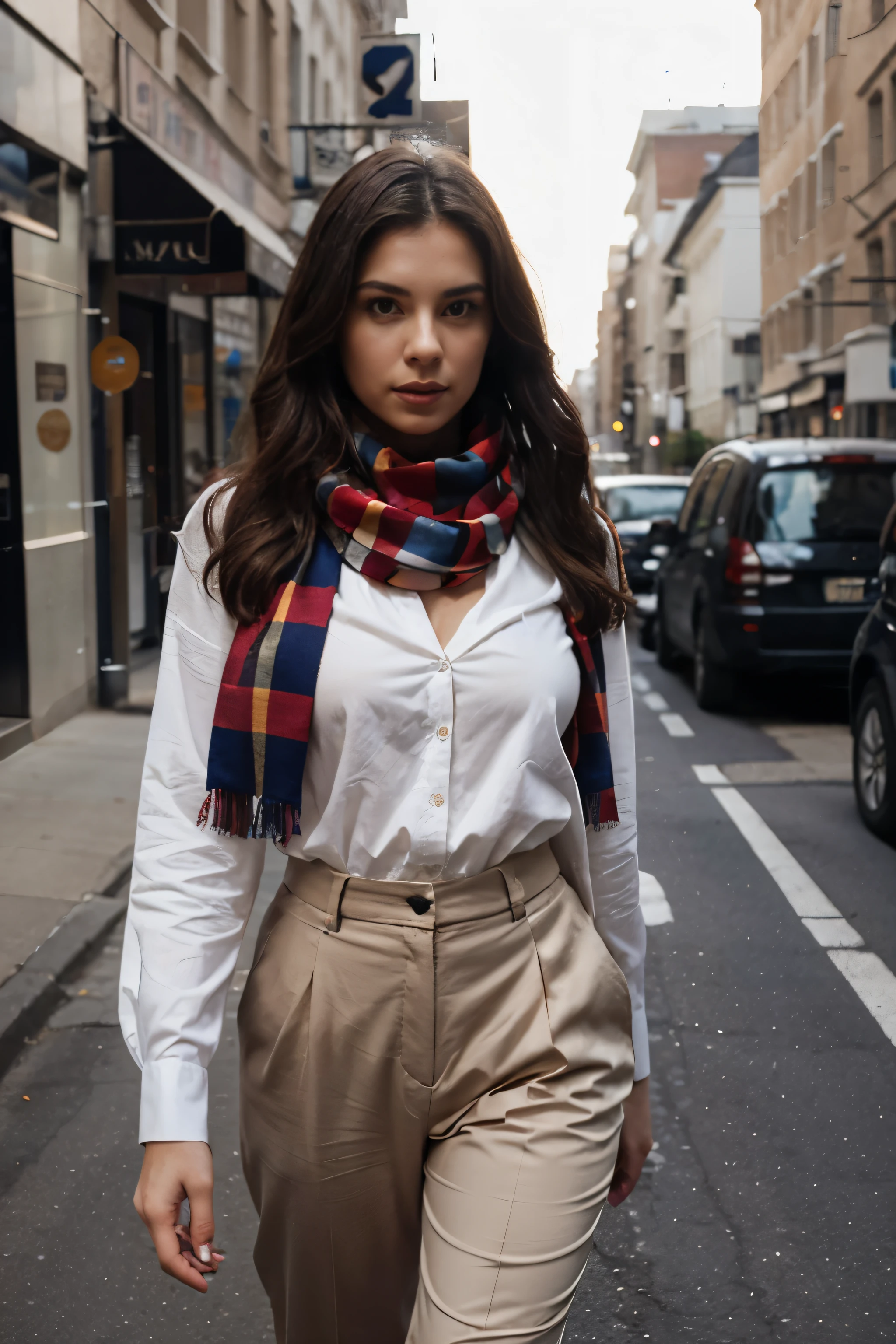 extreme long shot photo of beautiful women in US street, blouse, trousers, scarf , confidence , medium breast,