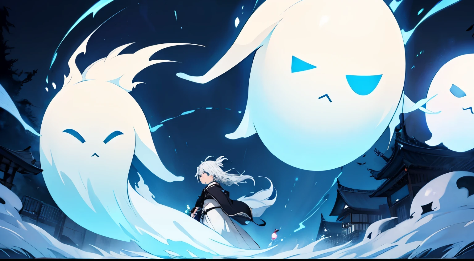 2d game background, 霧の中のghost, Ghost, 目と口が赤いghost, ghostがいる濃い霧, ghost, ghostに悩まされる霧.