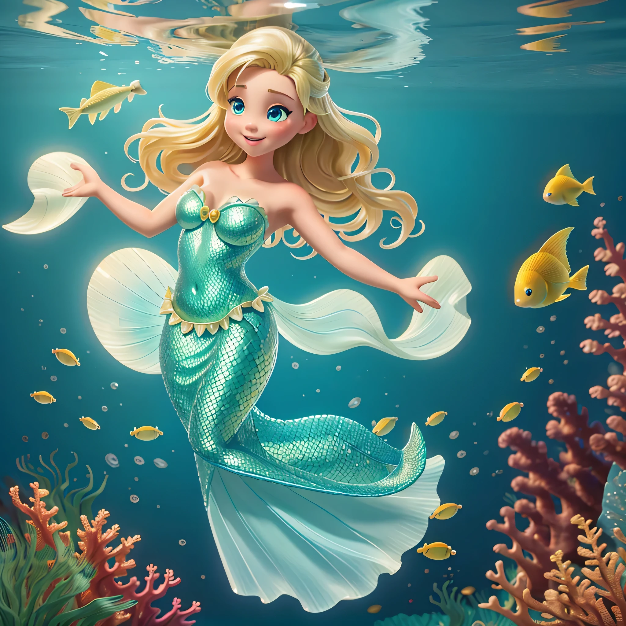 A mermaid dancing gracefully in the depths of the ocean, fish around her, blonde hair, clear blue ocean, detailed, 8k digital painting. seabed.
​