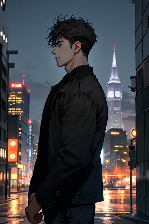 1man,masterpiece,best quality, ultra high res, dusk,cityscape,depth of field, short black messy hair, solo male