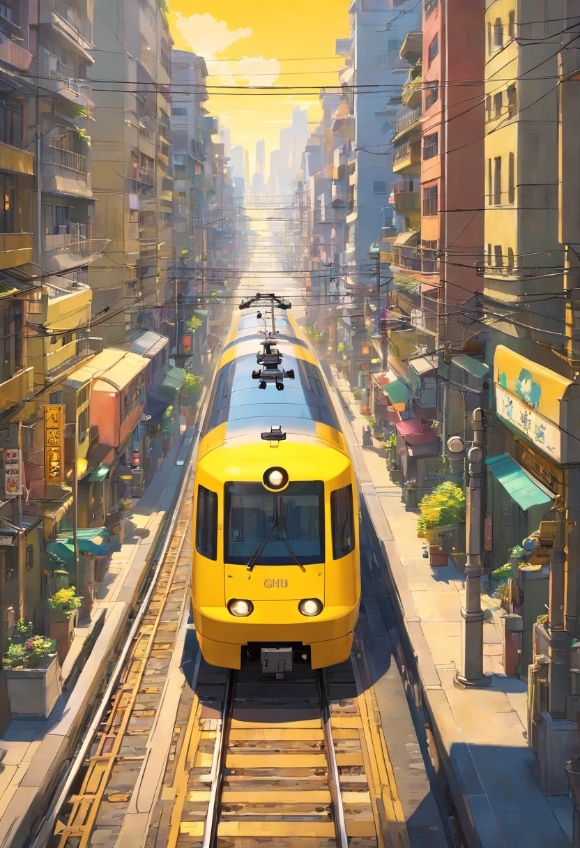 A high-resolution image showcasing a sleek yellow train speeding along the electric railway, with a blurred background of the bustling cityscape, capturing the dynamic and fast-paced nature of urban transportation