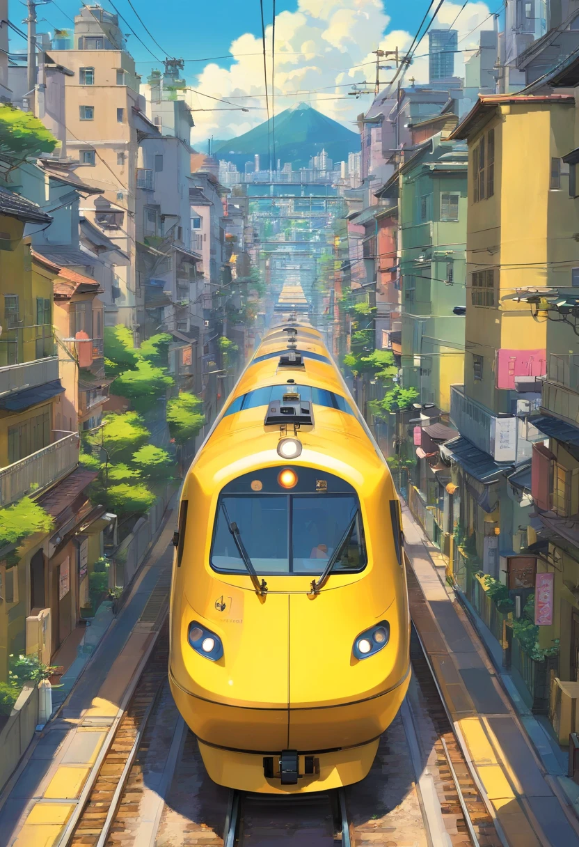 A high-resolution image showcasing a sleek yellow train speeding along the electric railway, with a blurred background of the bustling cityscape, capturing the dynamic and fast-paced nature of urban transportation
