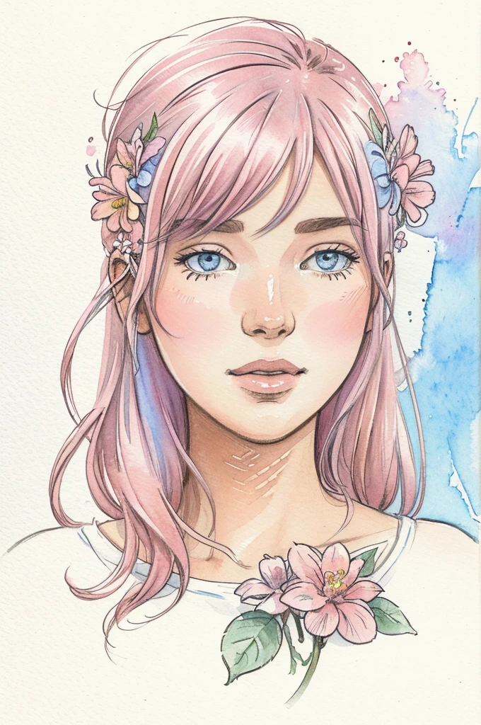 Flowers, in watercolor, delicate drawing, with soft pastel colors. blue, pink, beijge.