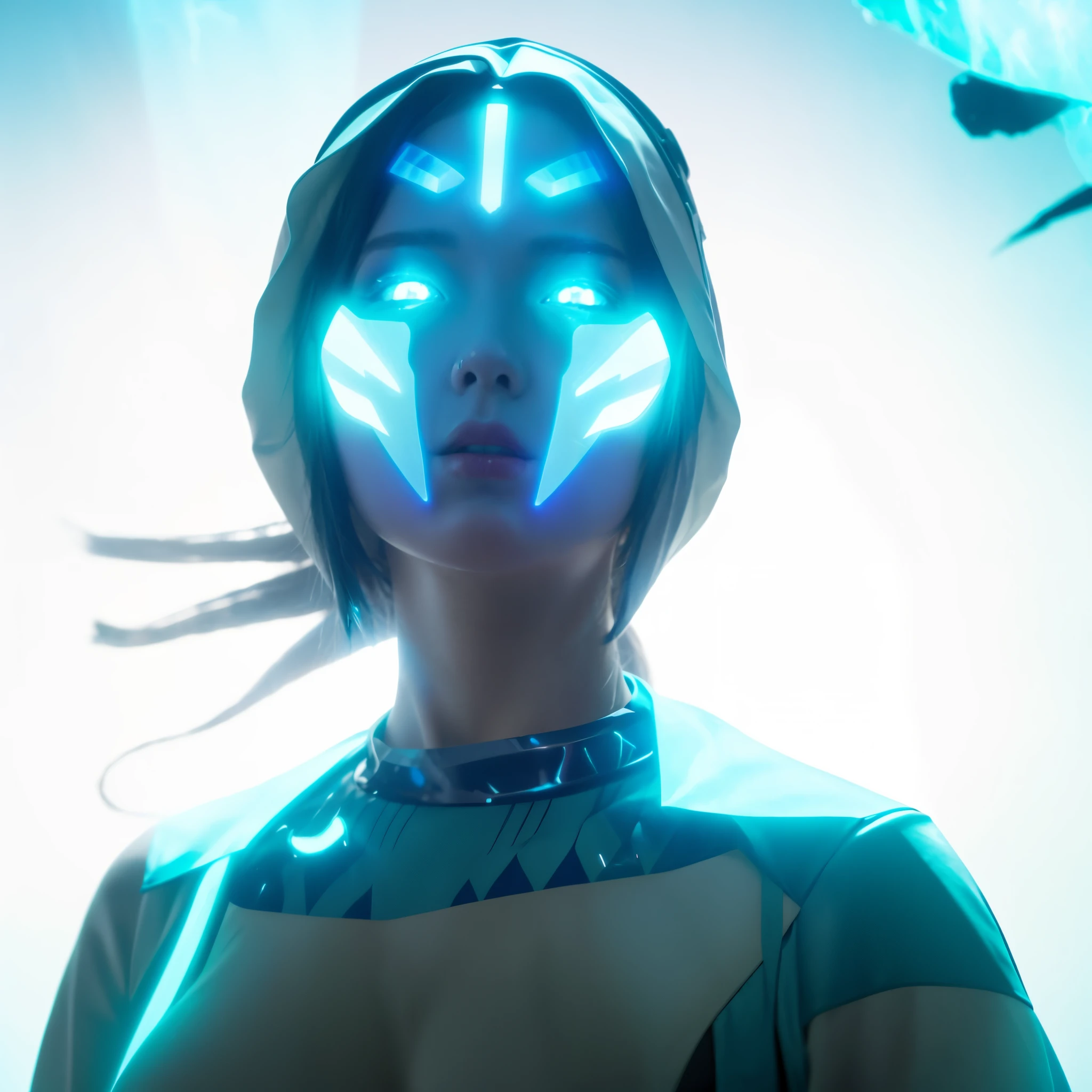 anime character with glowing blue eyes and a hood on, glowing lens flare wraith girl, glowing blue face, glowing and epic, she has a glow coming from her, blue face unreal engine, there is a glow coming from her, detailed glowing head, shattered sky cinematic, loba andrade from apex legends, cinematic aura lighting, cinematic blue lighting, like a real person, make everything more real, cinematic, HD detailed, more realistic, 8k