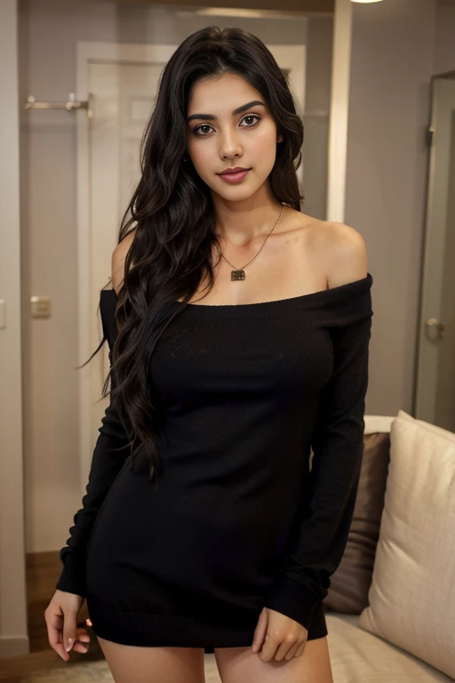 1girl 19 year old, solo, long hair, breasts, looking at viewer, black hair, bare shoulders, brown eyes, jewelry, full body, necklace, off shoulder, sweater, lips, realistic, nose, flirting with camera