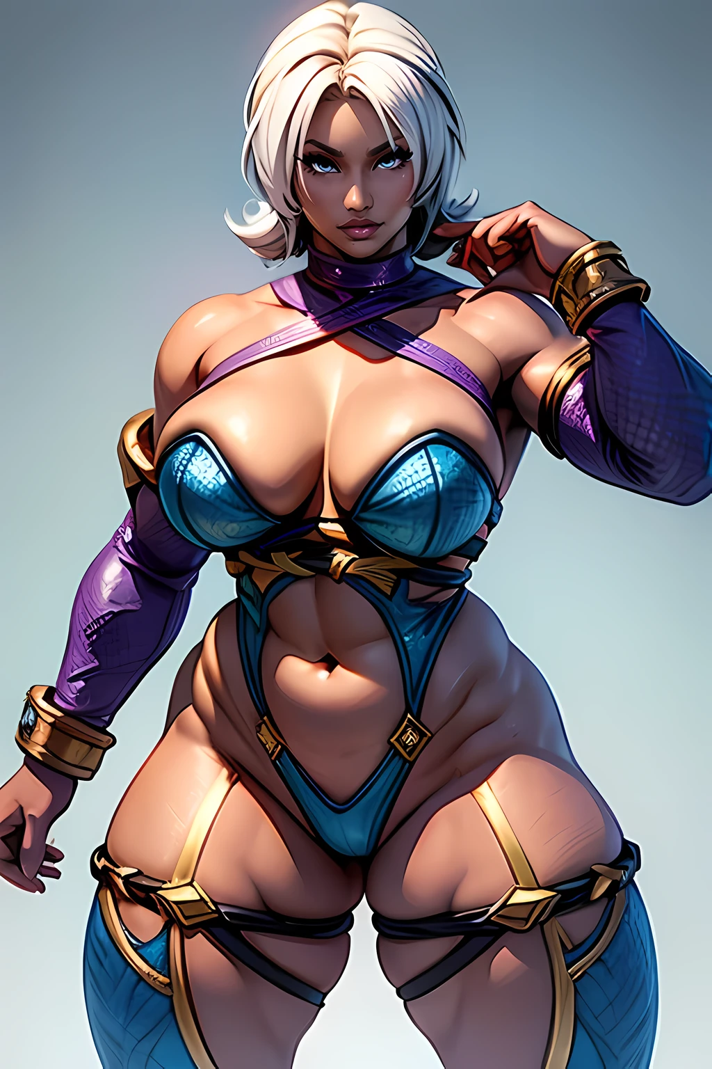 Nicki Minaj cosplaying as (Ivy from Soul Calibur), ((dark skin)), curly hair, looking at viewer, busty figure, (thick thighs) (medium breasts) well-defined legs, (chubby physique), frontal, full-length, looking at the camera, facing the audience, dynamic pose, background, three-dimensional light, sleek digital concept art, beautiful concept art, art trend, CGsociety full-length,