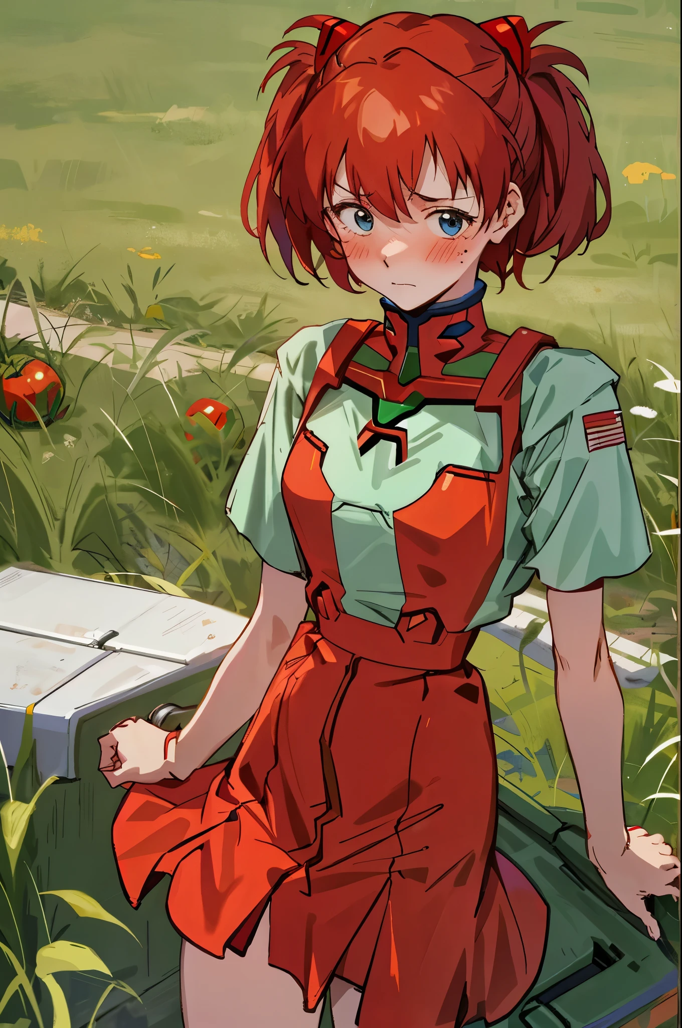 One girl with red short hair stands by the side of a Gundam mecha, looking away with a blushing face. She is embarrassed as she reaches down to adjust the strap of her mini skirt, revealing a tomato stain on the back. Keep your mouth shut, she pleads, trying to hide her mortification as she tries to discreetly clean the stain in the grassy scene.