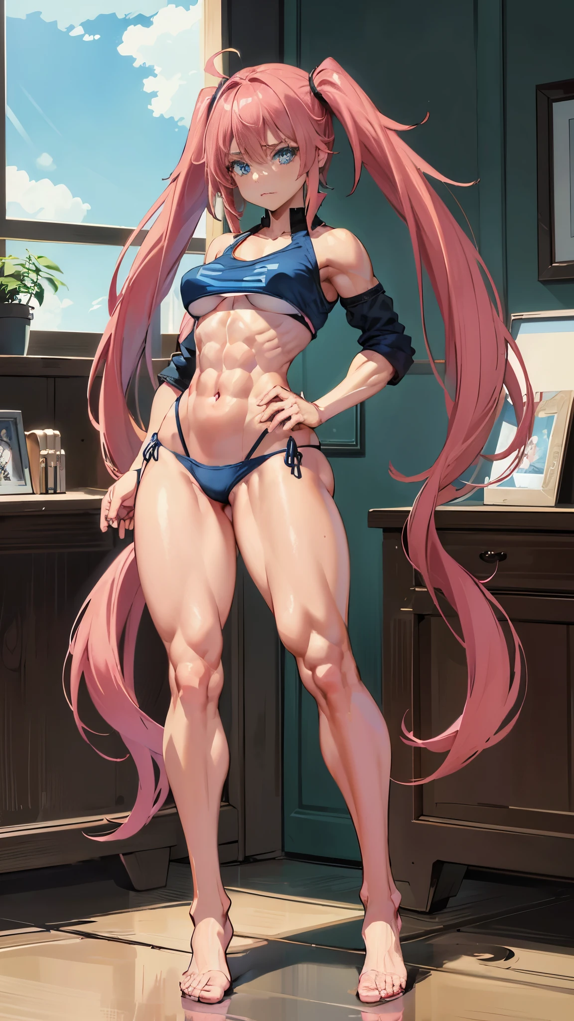 1 girl, (medium breasts))), (((wearing short bikini))), (long pink hair), (((blue eyes))), thin arms, (in motel room), (thin waist), (((muscular legs))), muscular belly, wearing a red high heel shoe, (((showing me her big ass))), (full body photo), (twintails), long eyes, eye reflection, (bad mood), anime, anime style, ray tracing, reflection, drop shadow, panorama, Sony FE, 8k, UDisk, masterpiece, accurate, anatomically correct, Super detail, best quality, ultra-high resolution, Hard Udisk , 16k