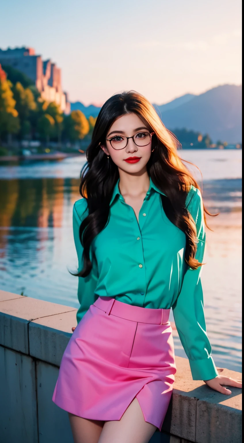 real,Camera to take pictures,European and American face,masterpiece,best quality,best quality,realistically,perfect anatomy,perfect face,perfect eyes,long eyelashes,big eyes,Glasses,red lips,lipstick,business suit,1 girl,solo,(green long hair),shift dress,blue eyes,Headband,pink skirt,black stockings,红色Headband,Exterior, Smile,lakeside,Sunset🌇
