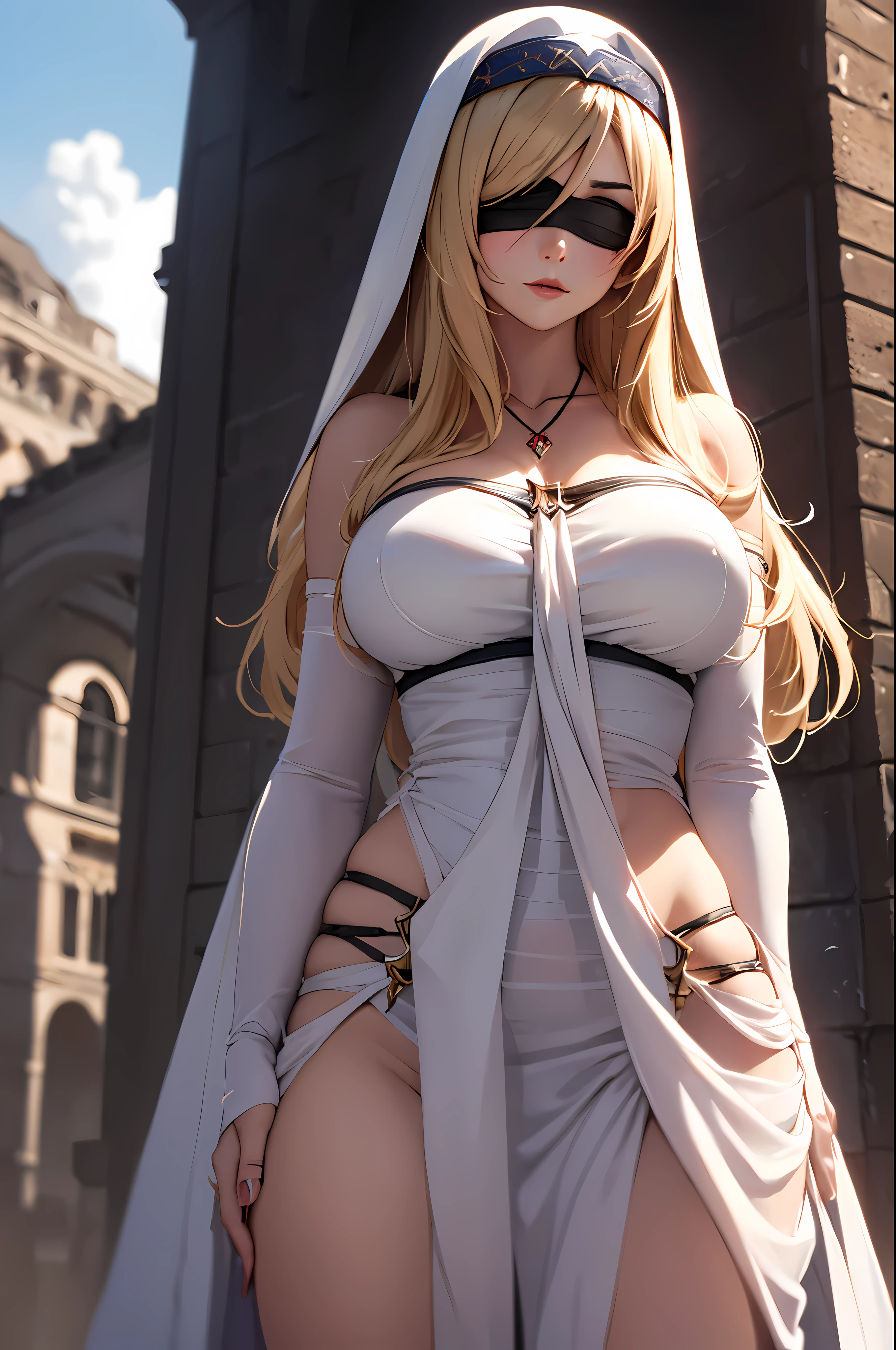 sword_miss,sword miss, long hair, blonde hair, blindfold, (black blindfold:1.2), dress, necklace, white dress, habit, long hair, big bust, dress, white dress, bijouterie, very long hair, Bridal Gauntlet, separated sleeves, Gloves,  best quality, looking at viewer, sharp focus, (8 thousand), (4K), (masterpiece), (best quality), (realistic skin texture), very detailed, very detailed, , illustration, soft lighting, , high resolution, sharp details, blush, outdoor, blue sky, cloud afternoon, afternoon