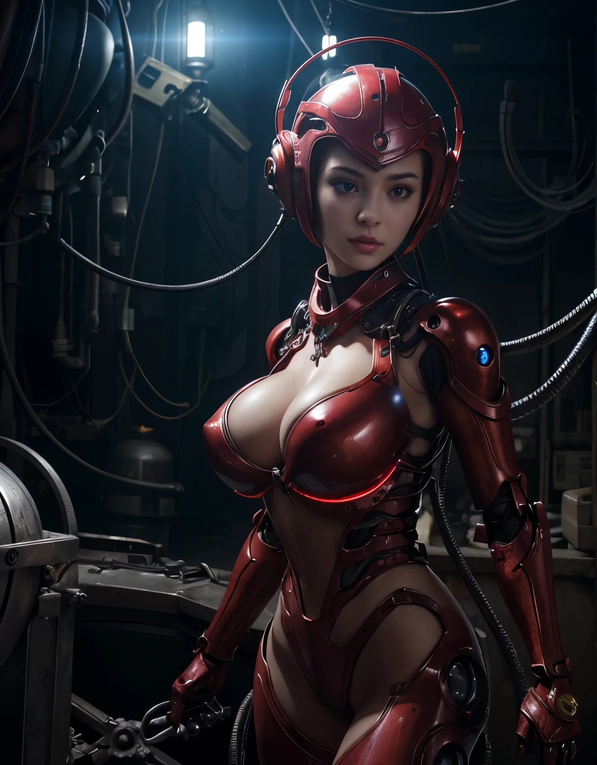 (Background of skimpy mechanical girl and octopus alien)、（Mystical expression）、highest quality、masterpiece、Super high resolution、(Photoreal:1.4)、RAW photo、1 girl、glowing skin、(((1 Mechanical Girl)))、Heavy chest、（red metalボディスーツ）、(Natural alien background to fight aliens)、(Small LED)、((Super realistic details))、vertical giant monster background),global illumination、Shadow、octane rendering、8K、super sharp、robotの背景、big breasts、Raw skin exposed in the cleavage、red metal、intricate decorative details、Japan details、very intricate details、realistic light、(Mystical expression),CG Society Trenlow Eyes、Eyes shining towards the camera、Mechanical marginal blood vessels connected to neon detail tubes)、(Wires and cables connecting to the head)、Small LED、,mechanical thighs、two stock、（Hands are also made of machines）、robot、future alien、Please wear a mechanical helmet、transparent face guard on helmet、